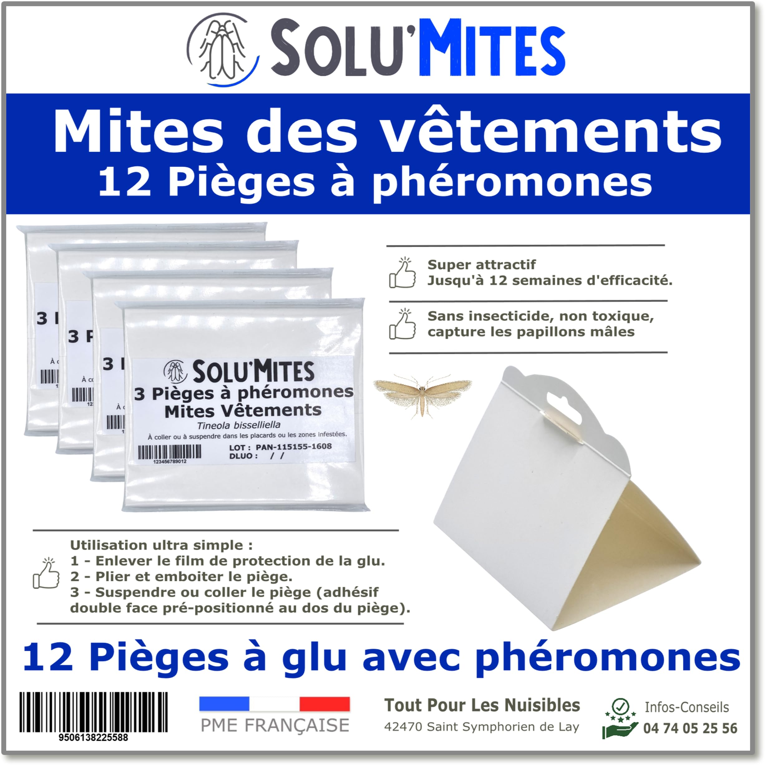 SOLUMITES - Lot de 12 Pièges à Phéromones pour Mites des vêtements et des Textiles - pour la Maison, Les magasins, Les entrepôts
