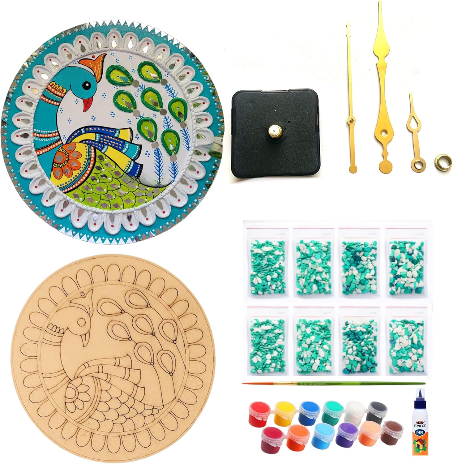 Decordial lippan Art Materials DIY kit with 2 premarked madhubani Mandala Designs MDF Board Decorative Mirrors Colours lippan Art kit for Kids Adults Wall Decoration for Home Decor