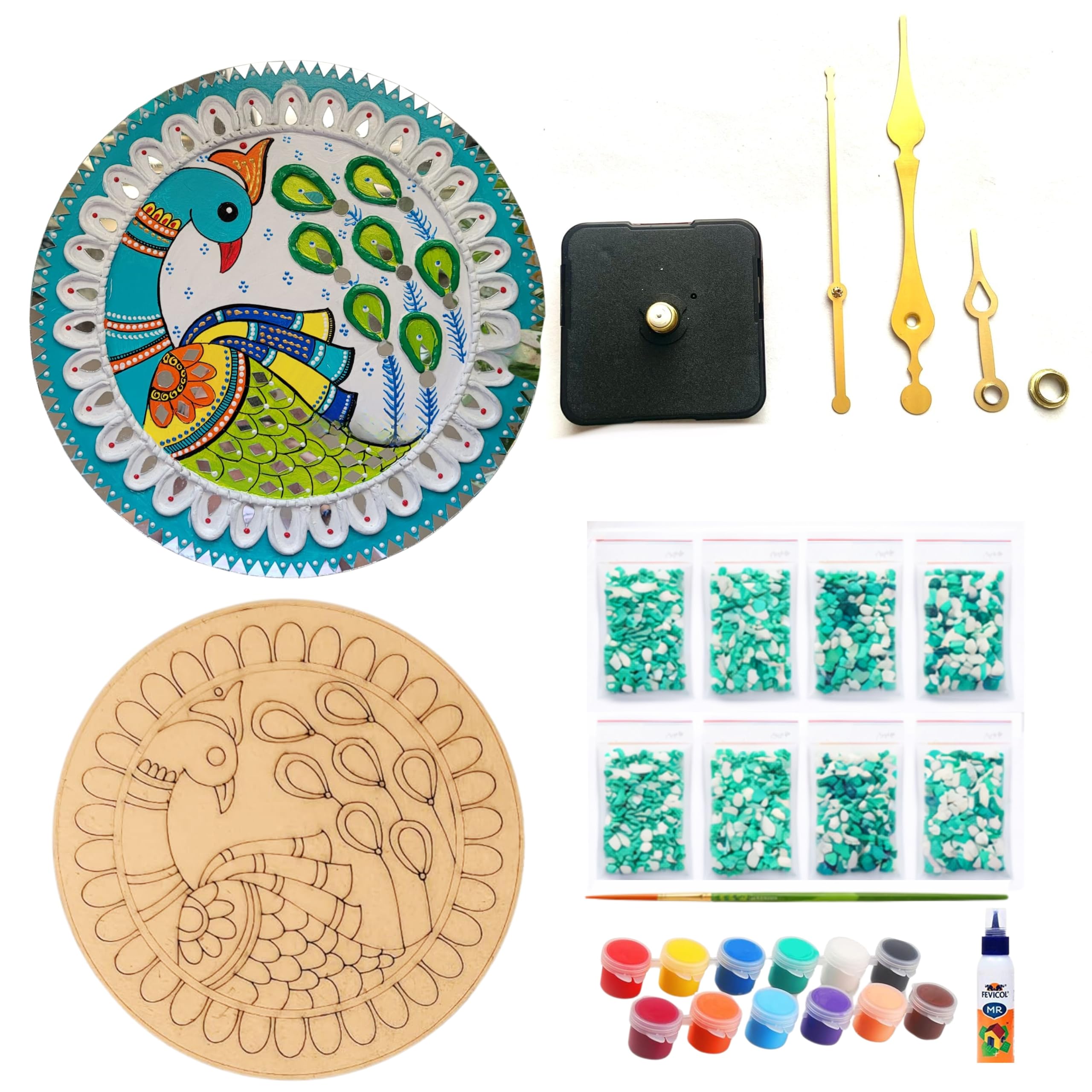 Decordial lippan Art Materials DIY kit with 2 premarked madhubani Mandala Designs MDF Board Decorative Mirrors Colours lippan Art kit for Kids Adults Wall Decoration for Home Decor-image-17