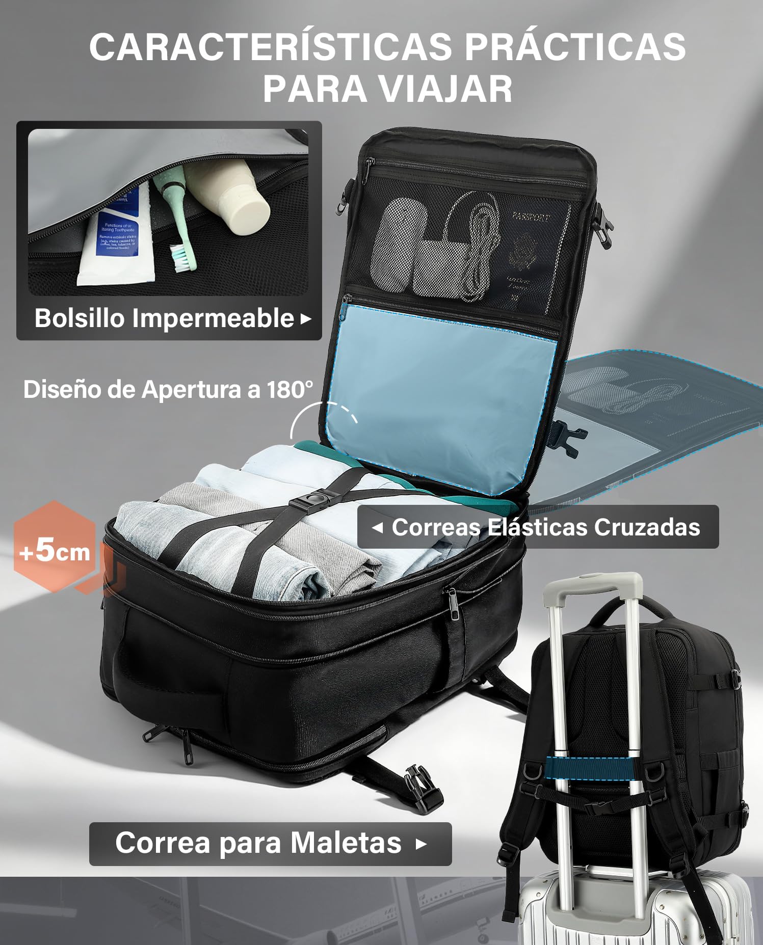 VANKEV Mochila Viaje Cabina Avion Extensible para Vueling Ryanair EasyJet Eurowings 40x30x20, 24L a 30L, 45x36x20, 32L a 40L, Equipaje de Mano Bolso de Viaje Apta para Portátil de 15,6 Pulgadas