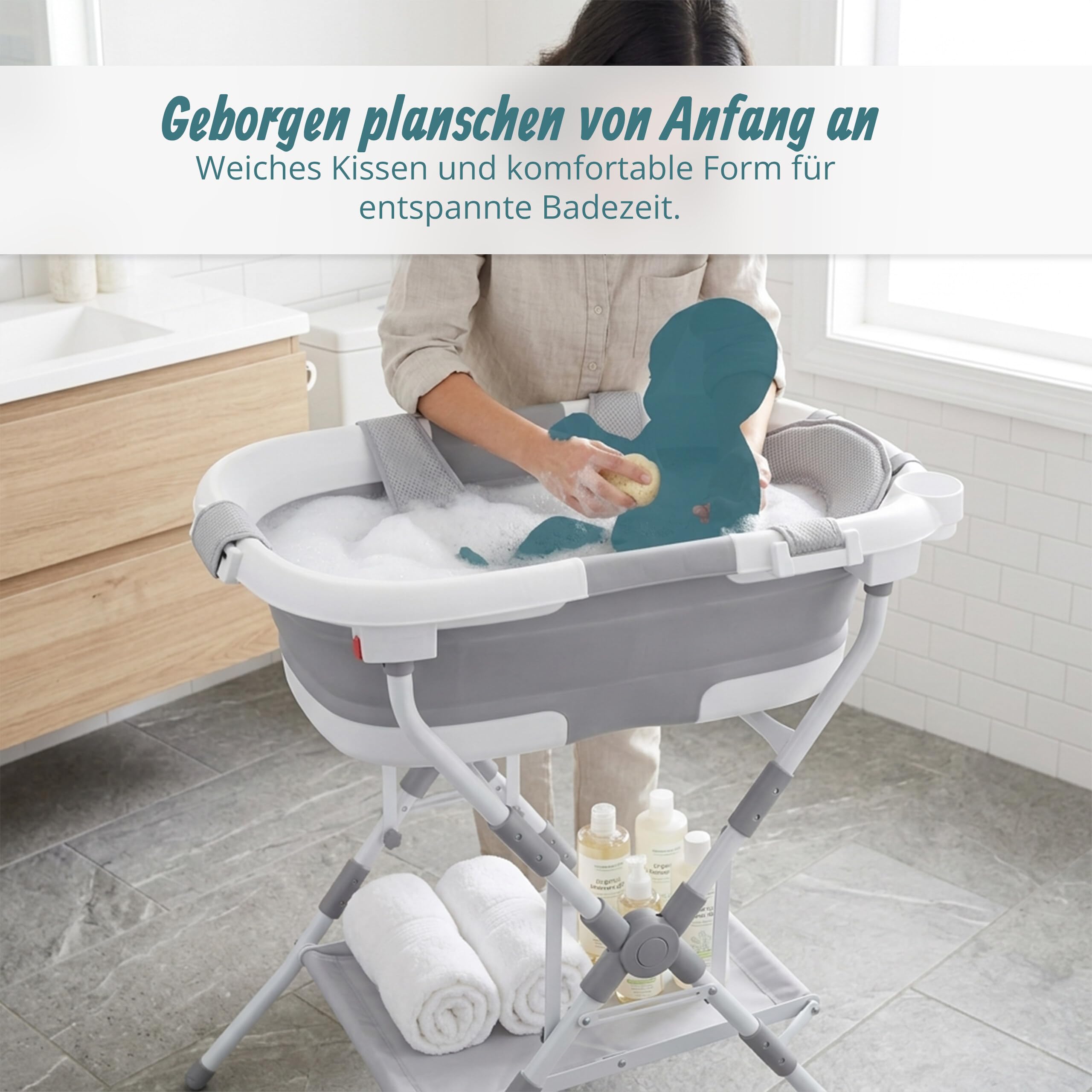 Relaxdays Babybadewanne faltbar, mit Gestell & Kissen, Babywanne, weiß/grau | bis 40 kg, HBT: 20,5x65x45,5 cm, Badewanne