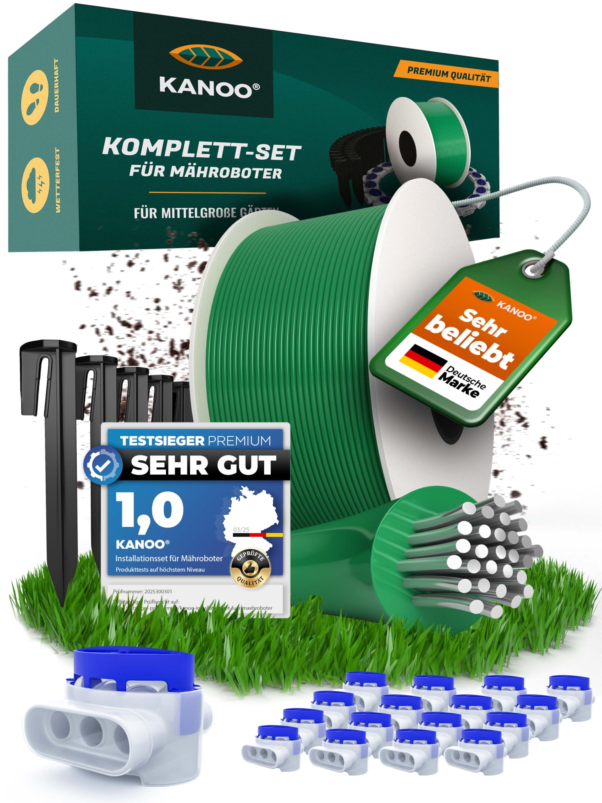 Mähroboter Begrenzungskabel Set – Kabel + Erdnägel + Kabelverbinder + Anschlussklemmen – Komplettset für alle Marken – Rasenroboter Installationsset zur Erstverlegung
