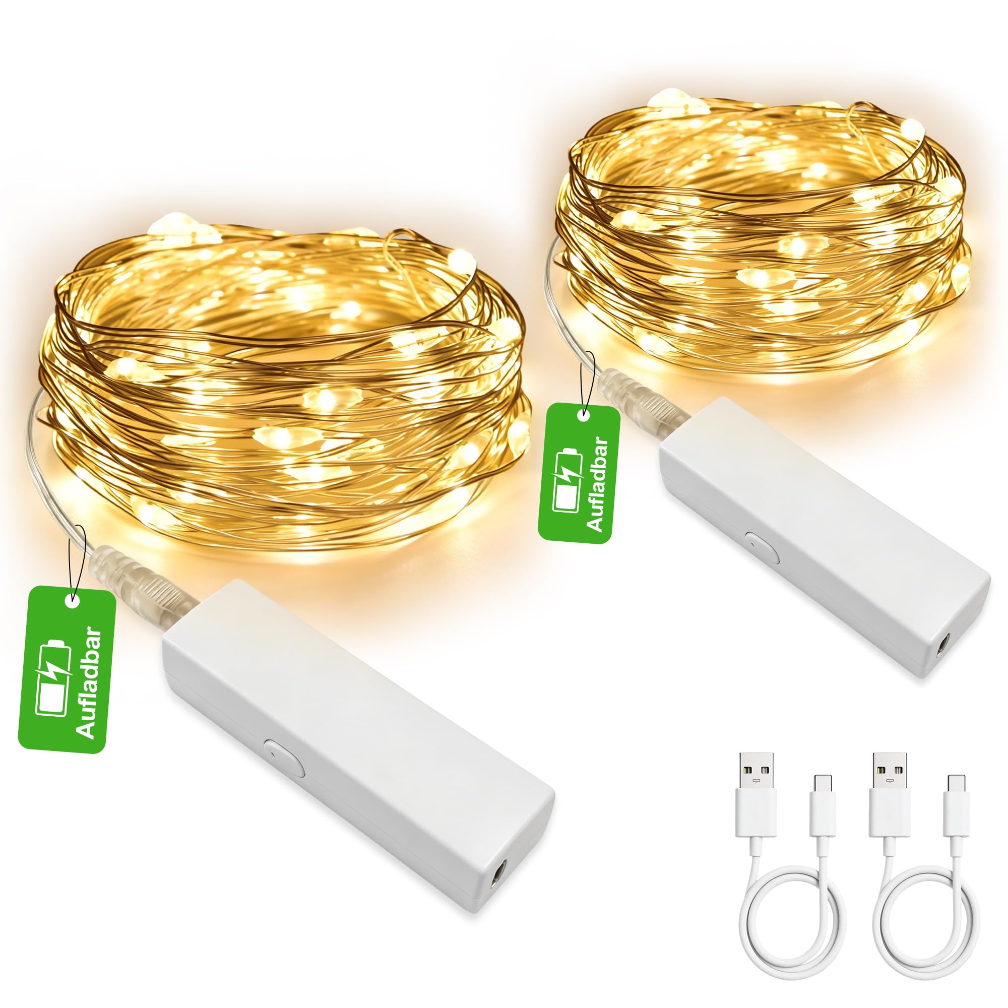 Mini Aufladbare Lichterkette mit Timer, 5M 50LED Warmweiß LED Lichterketten mit Wiederaufladbar USB-Kabel, Wasserdicht 8 Modi Lichterkette für Innen & Außen Weihnachten Hochzeit Party Garten (2 Stück) Beleuchtung