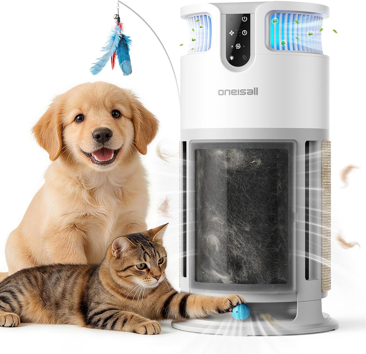oneisall Pet Air Purifier for Home: Large Room 3000 Ft², H13 HEPA Washable Filter, 360° Airflow Visible Air Cleaner for Pet Hair, Odor Allergies Smoke Dust, PM2.5 Monitor,Auto Mode,Cat Toys,PP04
