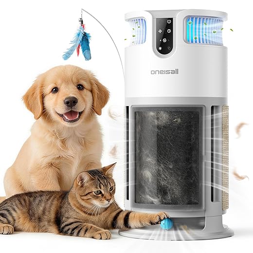 oneisall Pet Air Purifier for Home: Large Room 3000 Ft², H13 HEPA Washable Filter, 360° Airflow Visible Air Cleaner for Pet Hair, Odor Allergies Smoke Dust, PM2.5 Monitor,Auto Mode,Cat Toys,PP04