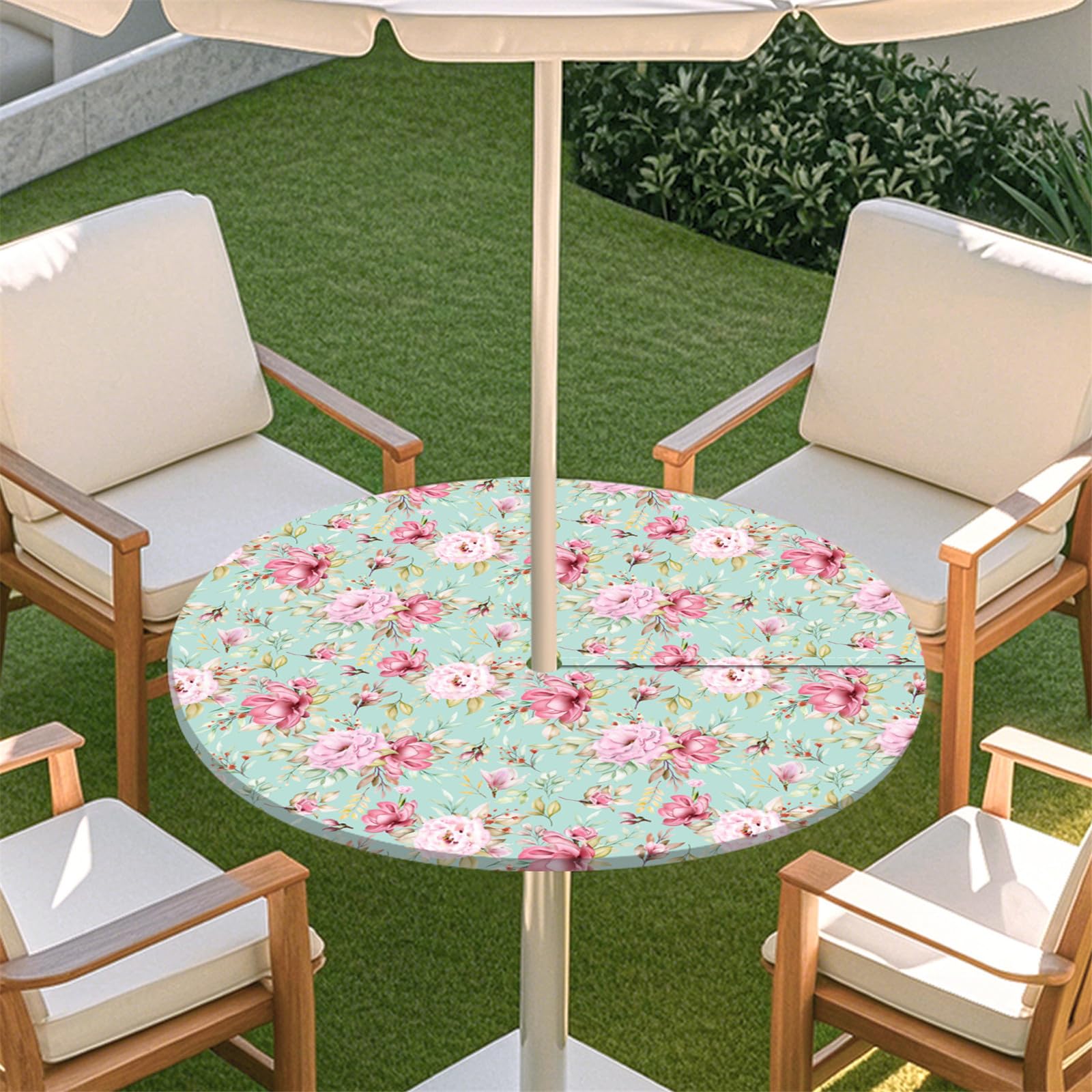 Odot Outdoor Round Tablecloth with Parasol Hole and Zipper, 3D Elegant Elastic Edge Round Fitted Tablecloth Protector Waterproof Wipe Clean Table Cover for Garden, BBQ, Party (Classic,S:79-89cm)