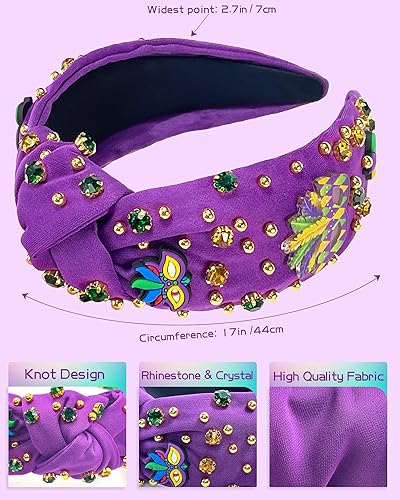 Miniatura 5 de Diadema de Mardi Gras anudada con diamantes de imitación para mujer, con diamantes de imitación, diadema con nudo superior ancho, diadema para el