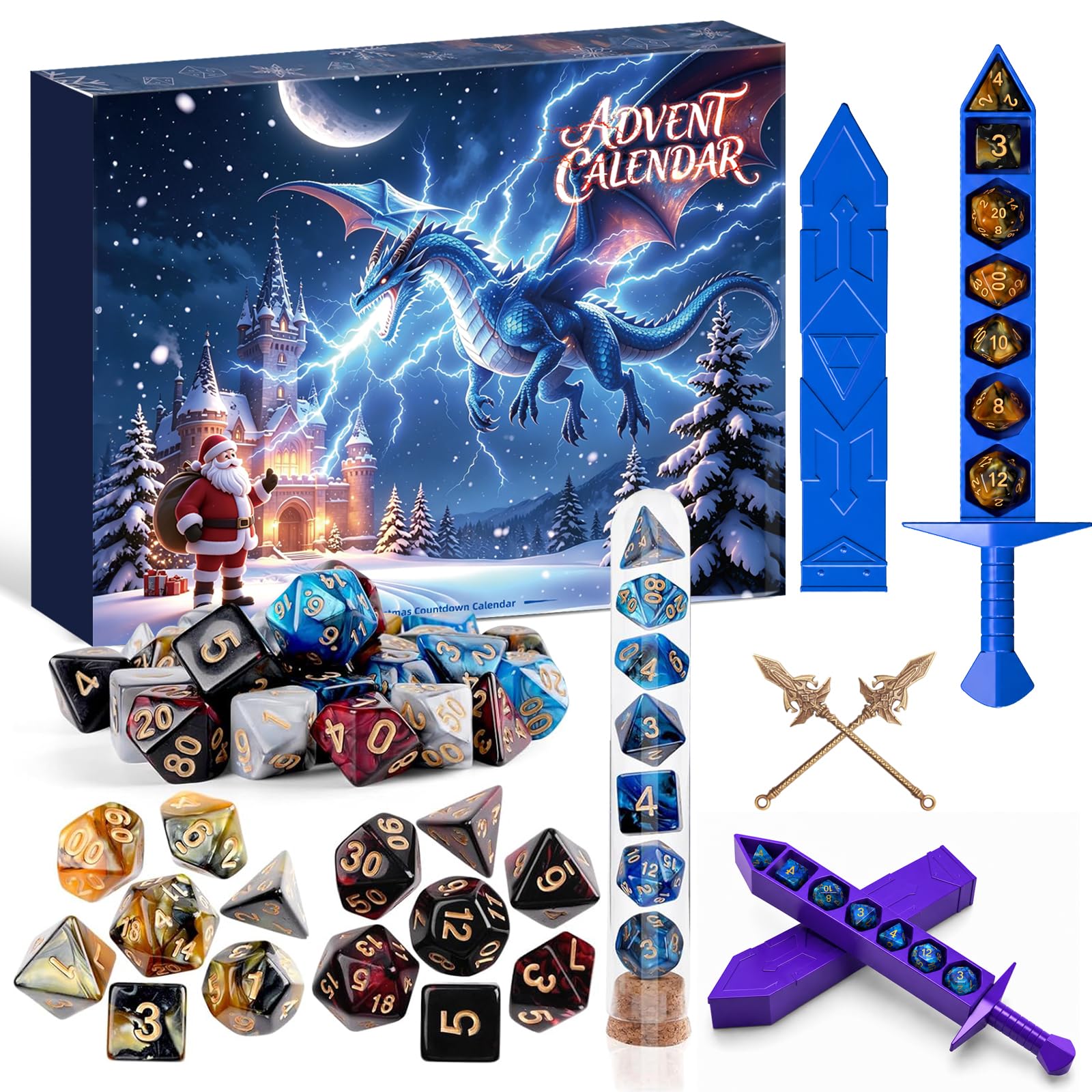 DND Dice Advent Calendar 2026, 24-Day Mystery Christmas Countdown, 28 Polyhedral Dice, 2Pcs 3D Printed Sword Storage Cases, DND Dice Set for Dungeons and Dragons RPG, MTG, Role Playing Table Game