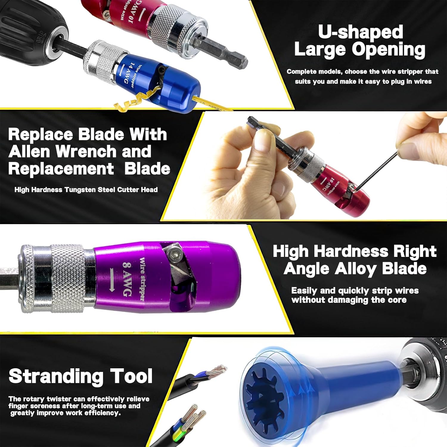 US Regulations Wire Stripping for Drill, Wire Stripping Tool & Twisting Tool for AWG 14-12-10-8-6 Gauge, 8 in 1 Quickly Drill Wire Stripping Tools Set, 25 PCS Wire Connectors Nuts