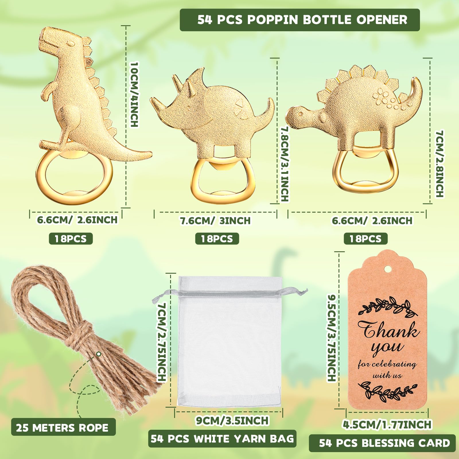 54 Pcs Dinosaur Bottle Openers Baby Shower Return Favors for Guests Bottle Opener Decorations and Souvenirs with Organza Bags Thank You Tags for Dinosaur Party Favors