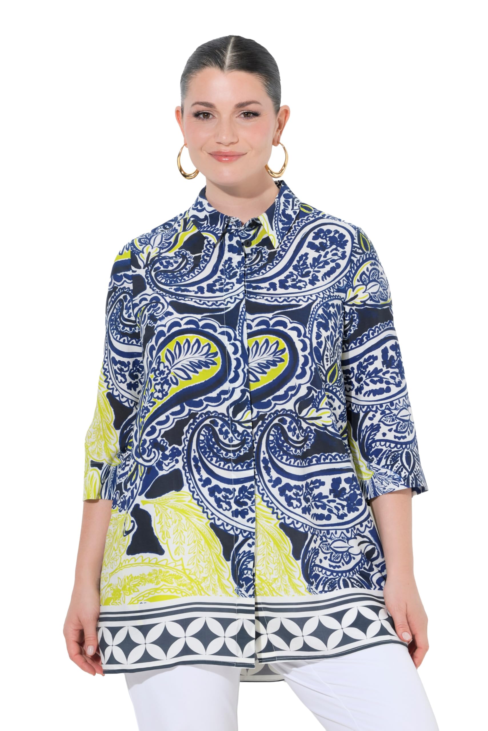 Ulla Popken Damen große Größen Übergrößen Plus Size Lyocell-Longbluse, Paisley, Hemdkragen, 3/4-Arm 847230