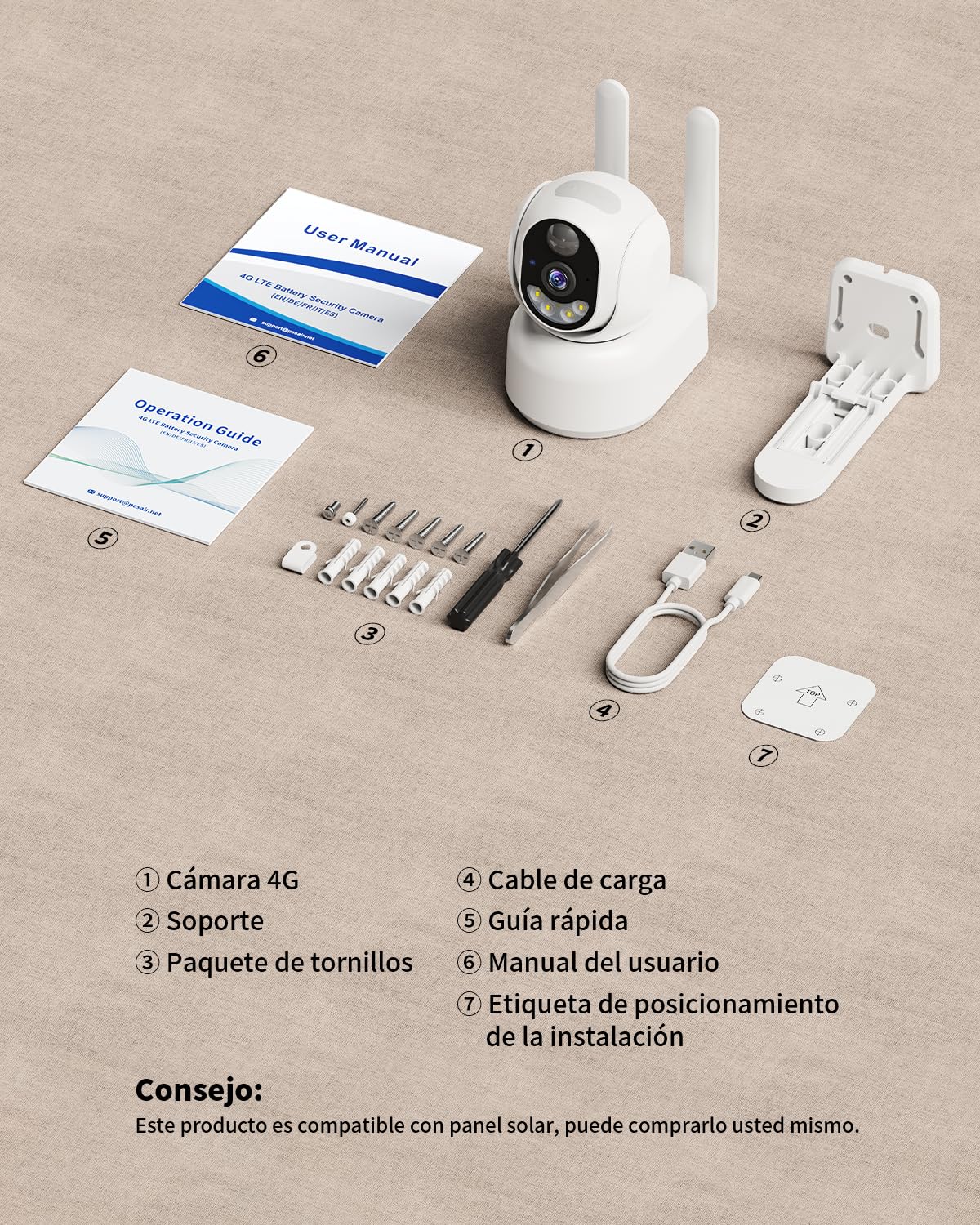 NUASI 4G LTE Camara Vigilancia Interior con Tarjeta SIM Inalámbrica, 2K HD | 360° PTZ IP Cámara de Seguridad con Batería, sin WiFi, Visión Nocturna a Color, Detección de PIR, Audio Bidireccional, IP66