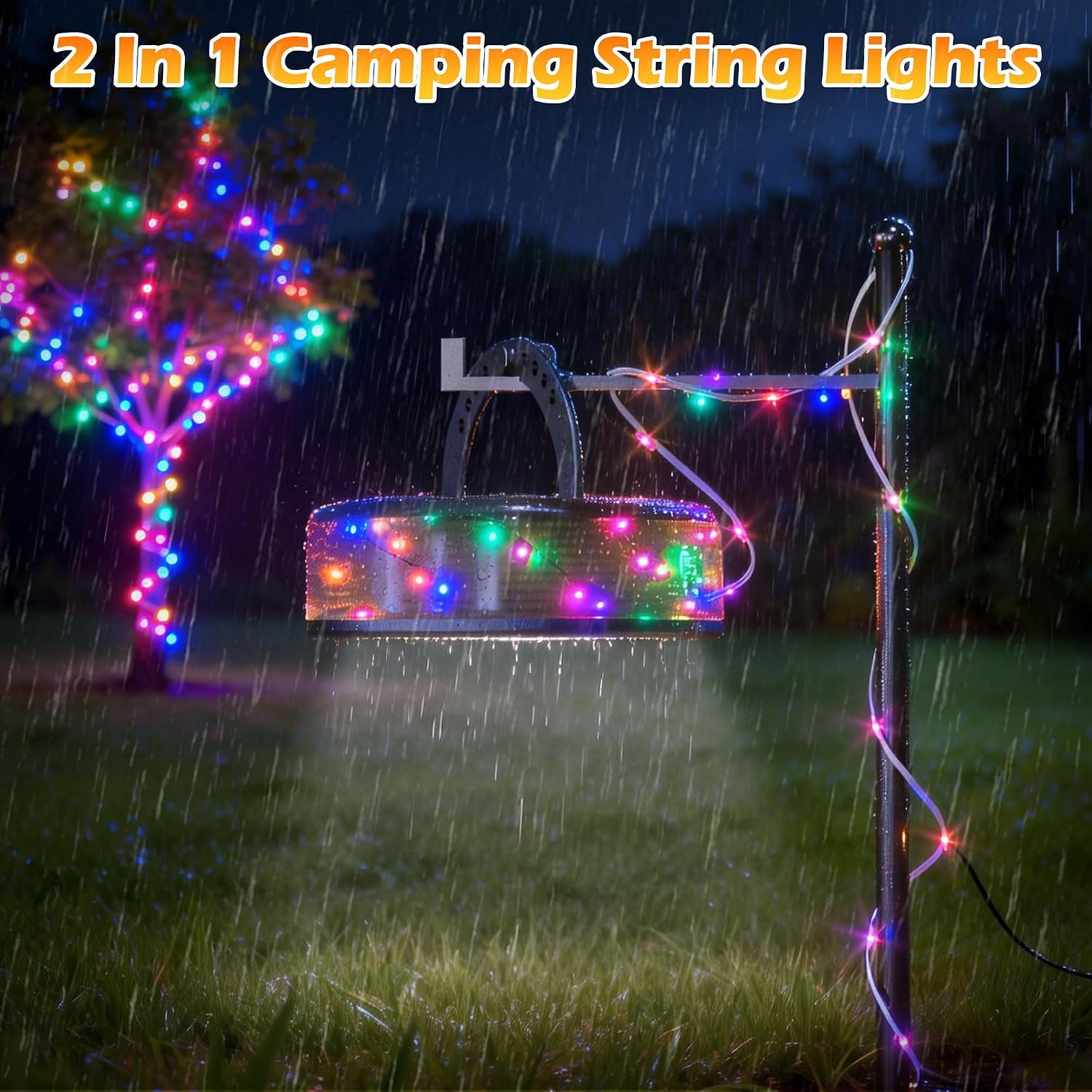 4 in 1 Solar Camping String Lights, 5200mAh 33FT RGB Fairy String Light, Waterproof Hanging String Lights with 9 Lighting Modes, USB-C Rechargeable Tent Lantern, Camping Essentials
