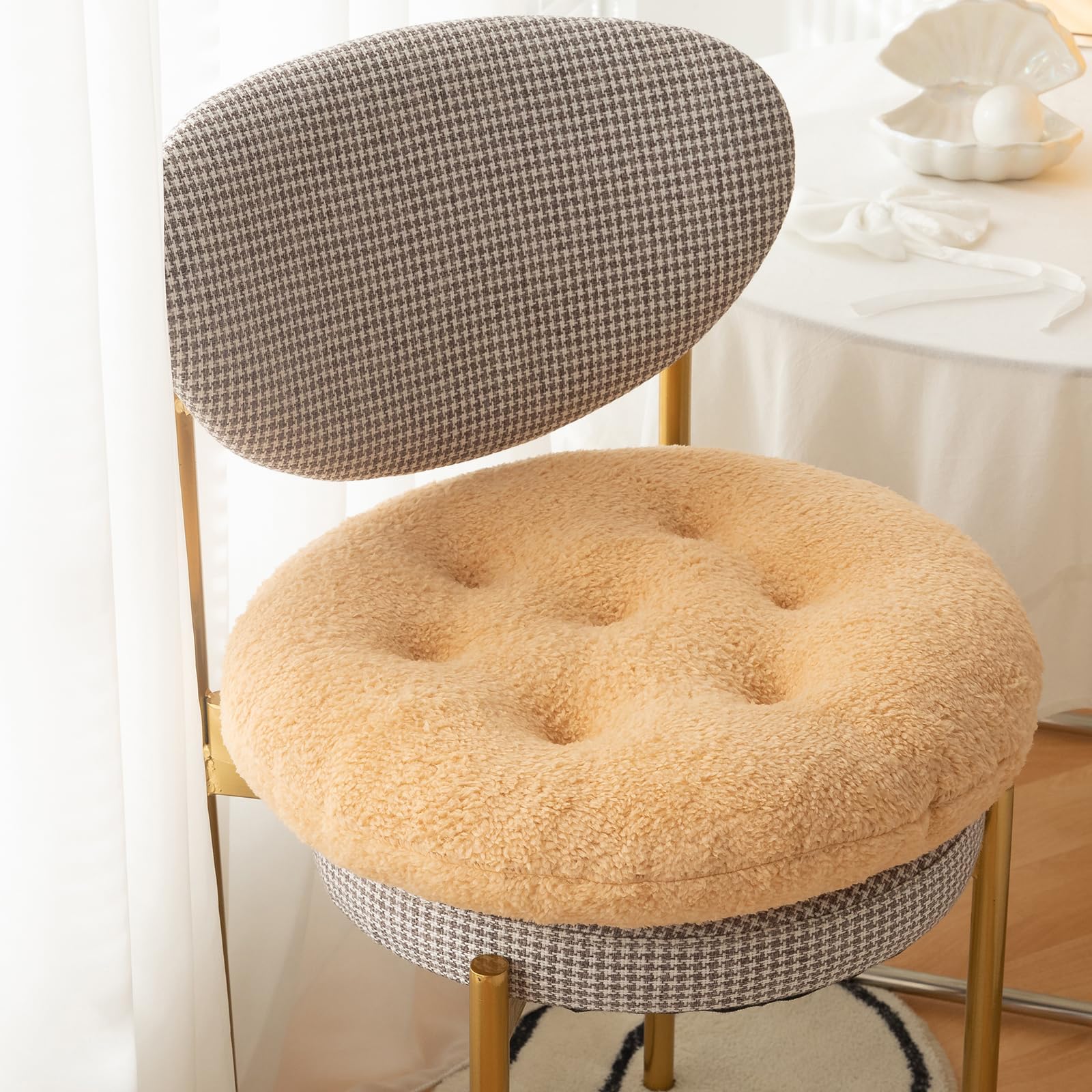 Coussin de chaise rond camel en sherpa lavable de 41 cm pour décoration de cuisine