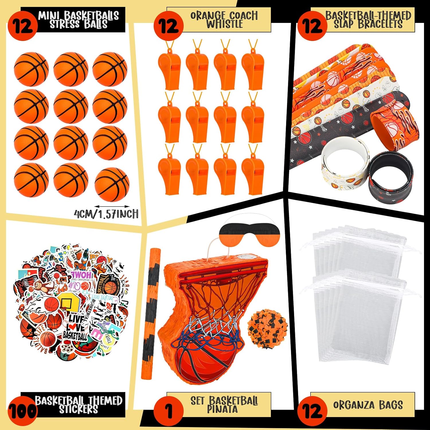 152 Pcs Ball Piñata Ball Party Supplies with Blindfold and Stick for Kids Birthday Party Decorations Foam Stress Slap Bracelets Whistle Favors for Boys Girls(Basketball)