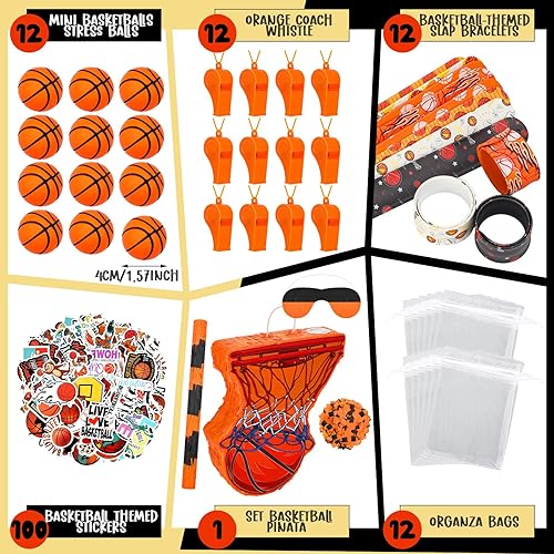 Miniatura 2 de Silipull 152 piezas de piñata de baloncesto suministros de fiesta de baloncesto con venda y palo para niños, decoraciones de fiesta de cumpleaños,