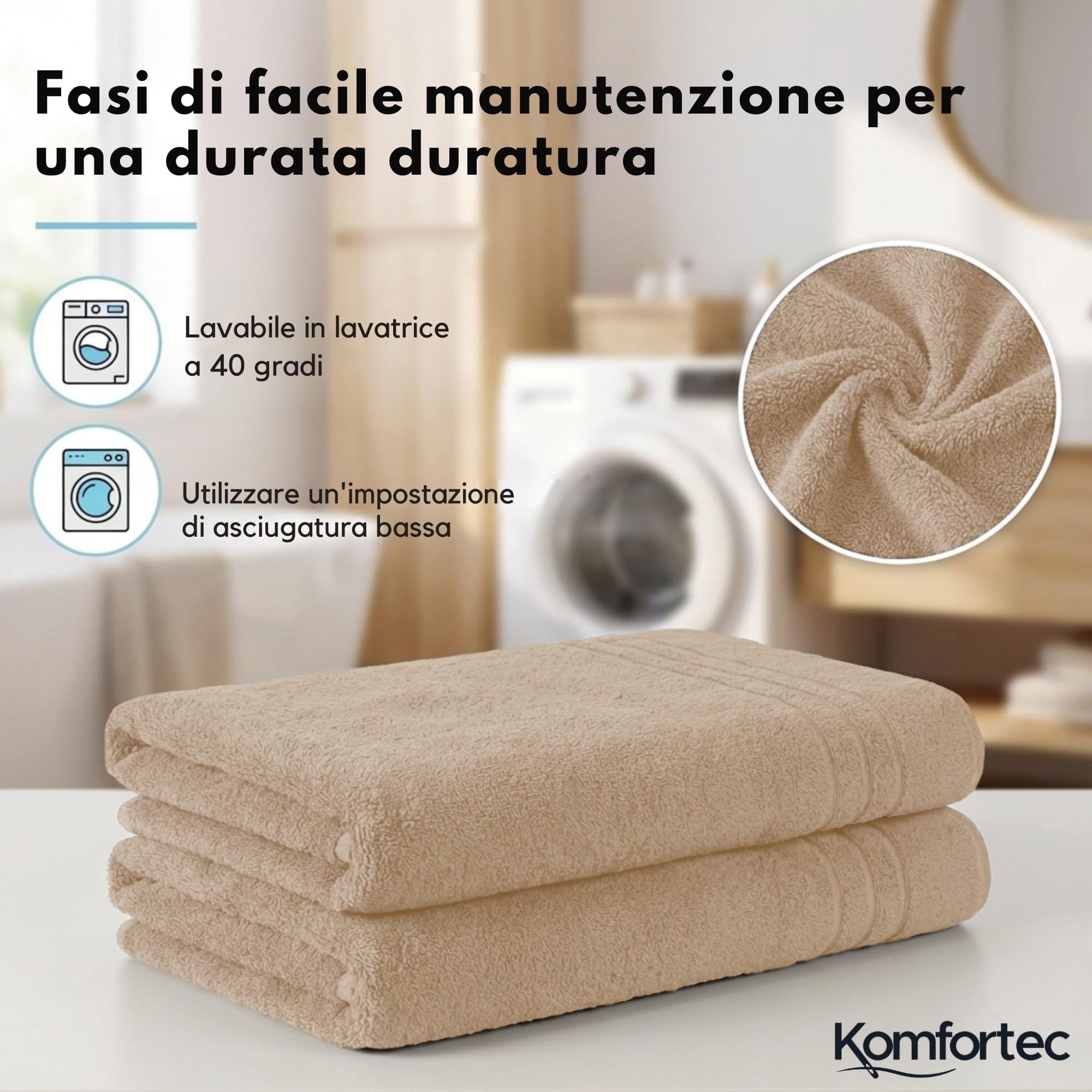 Komfortec Asciugamani 2 per Sauna 80x200 cm in 100% Cotone,470 g/m², Asciugamano Doccia Grande, Morbido, Asciugatura Rapida, Beige