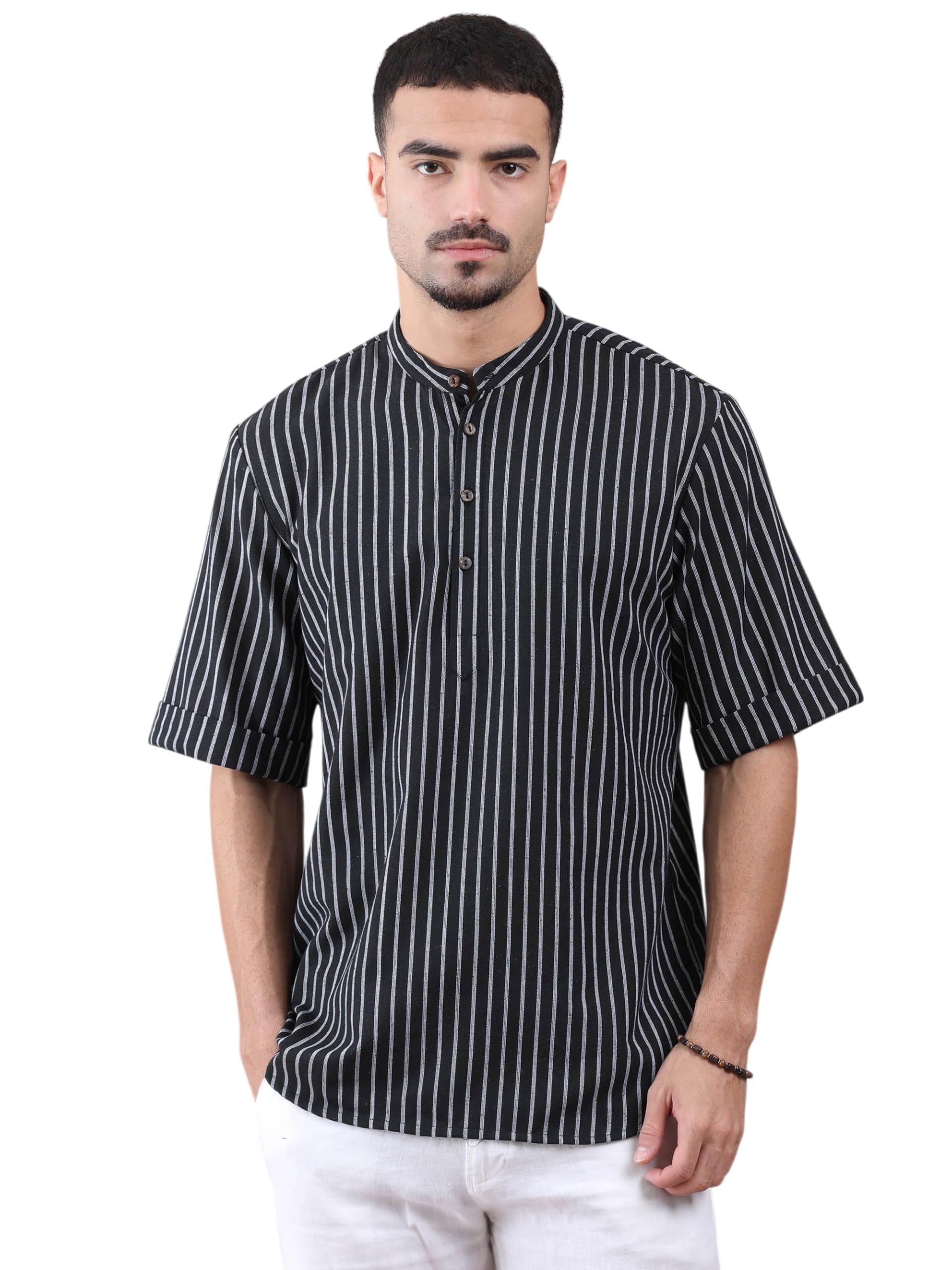 filori Men's Pure Cotton Stripe Pattern Short Kurta | Half Sleeves | Mandarin Collar | Button Closure | Regular Fit-picture-54