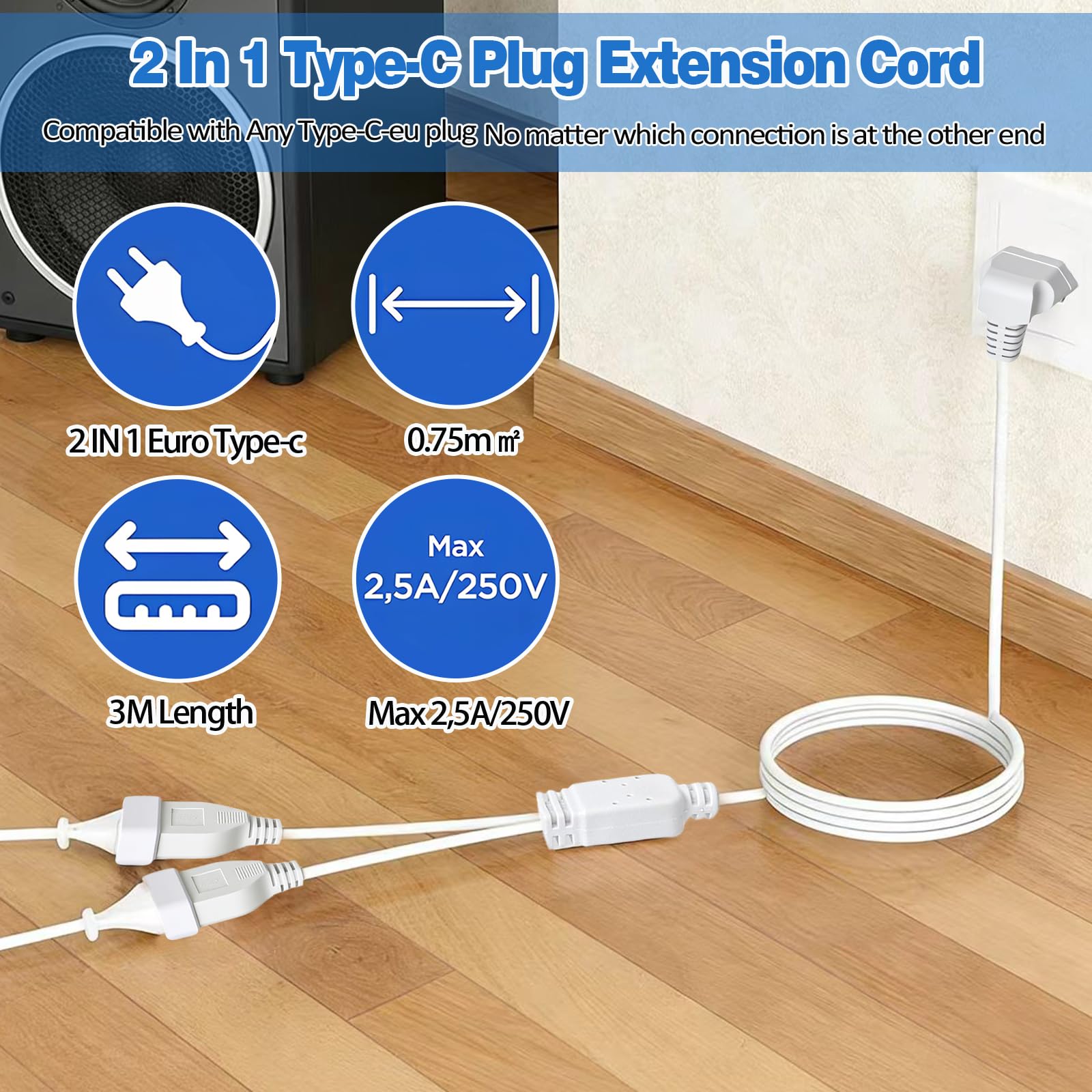 3 m przedłużacz płaski, 2 w 1, wtyczka euro, przedłużacz, kabel zasilający, adapter wtykowy, płaski, zagięty wtyk euro typu C, 250 V/2,5 A, 1 mm²/0,75 mm², do telewizora, komputera, monitora
