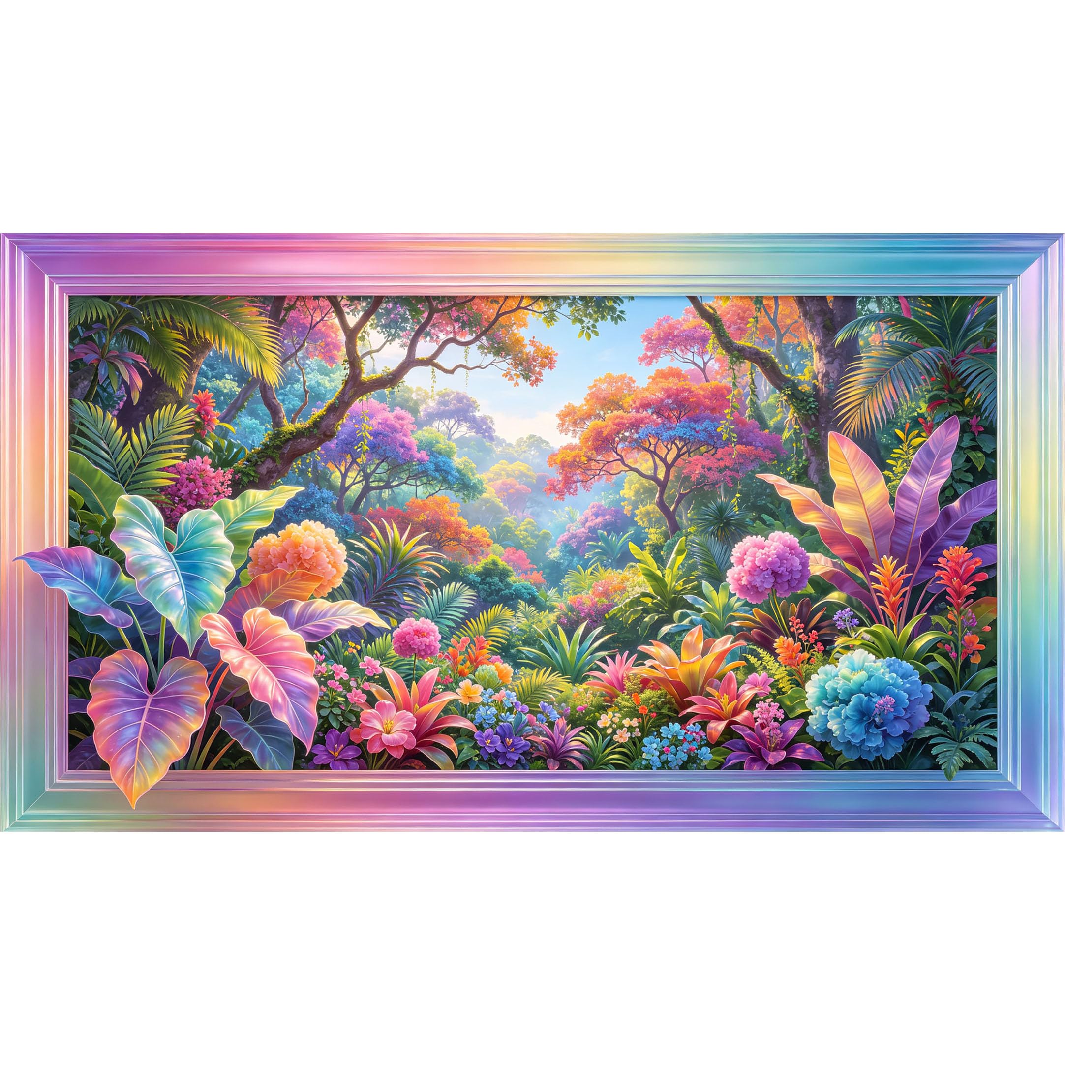 QZLITHOTIC 50×100cm 3D Framed Wall Art， Tropical Botanical Rainbow Jungle Self?Adhesive Mural， Water?Activated Peel & Stick Fabric Decor Wall Decal for Bedroom Living Room