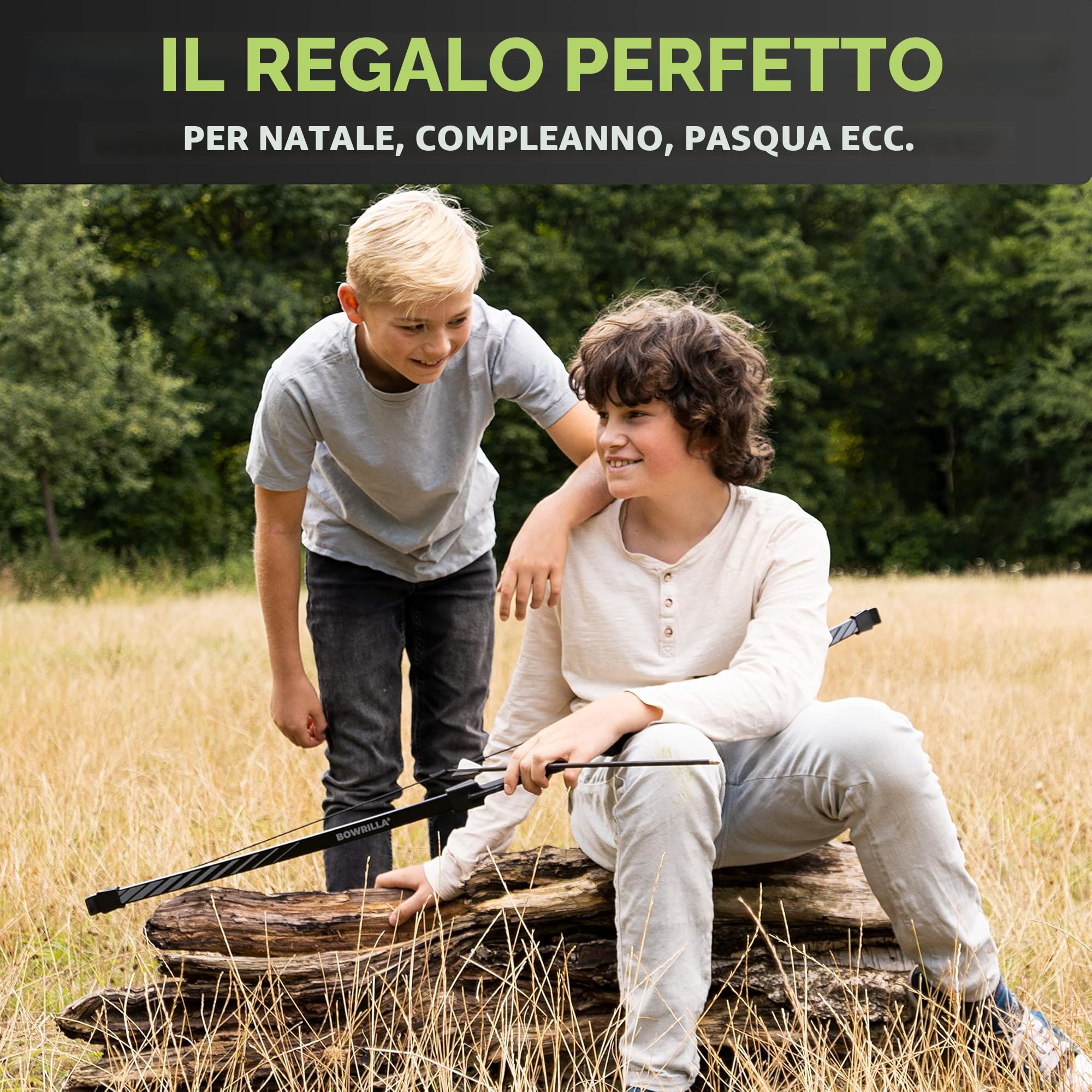 BOWRILLA® Set Arco e frecce per bambini | Arco sportivo per principianti con 6 frecce, ideale per bambini e ragazzi dagli 8 ai 15 anni | Arco per bambini ricurvo a 3 pezzi per destri e mancini