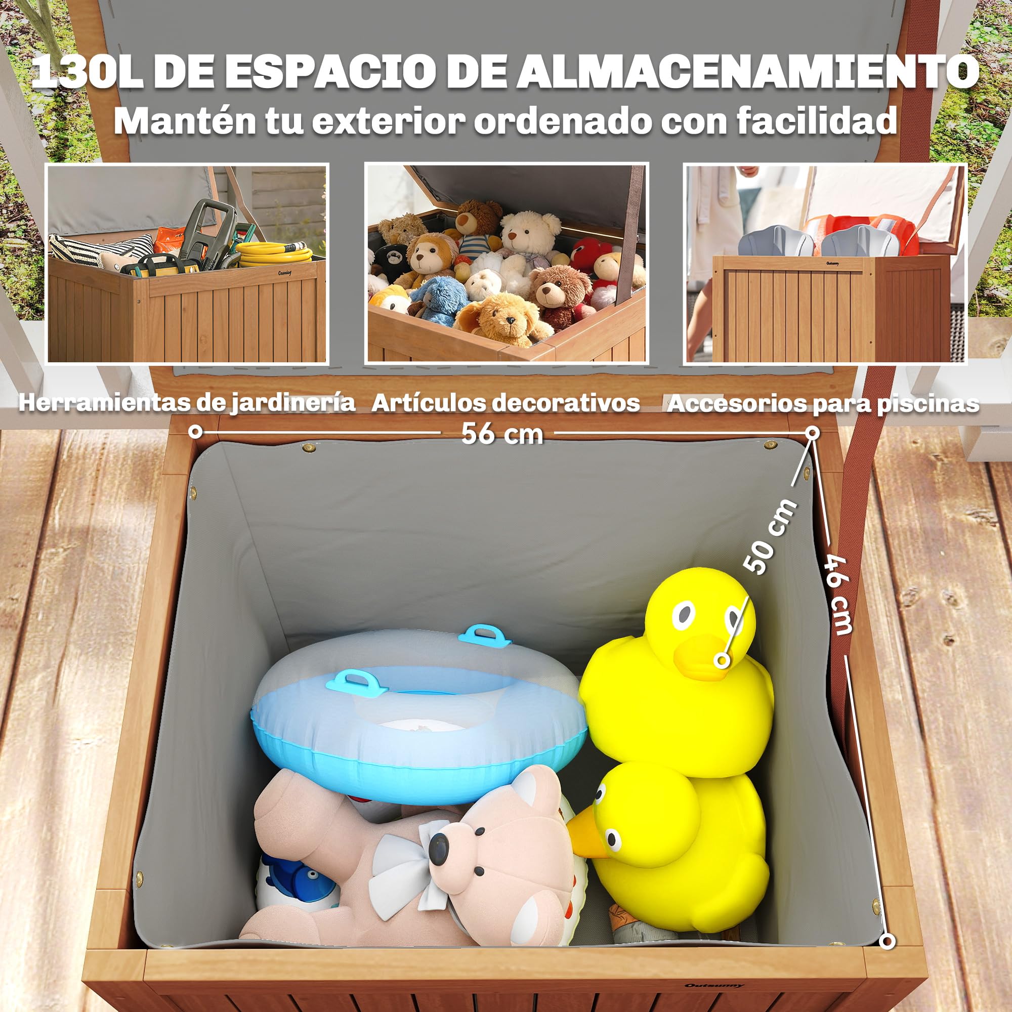 Outsunny Arcón Exterior de Madera 130L Impermeable 63x51x58,5 cm Marrón | Baúl Almacenaje Exterior con Forro, Tapa con Bisagras y Correa, Resistente a la Intemperie, para Jardín Terraza Patio