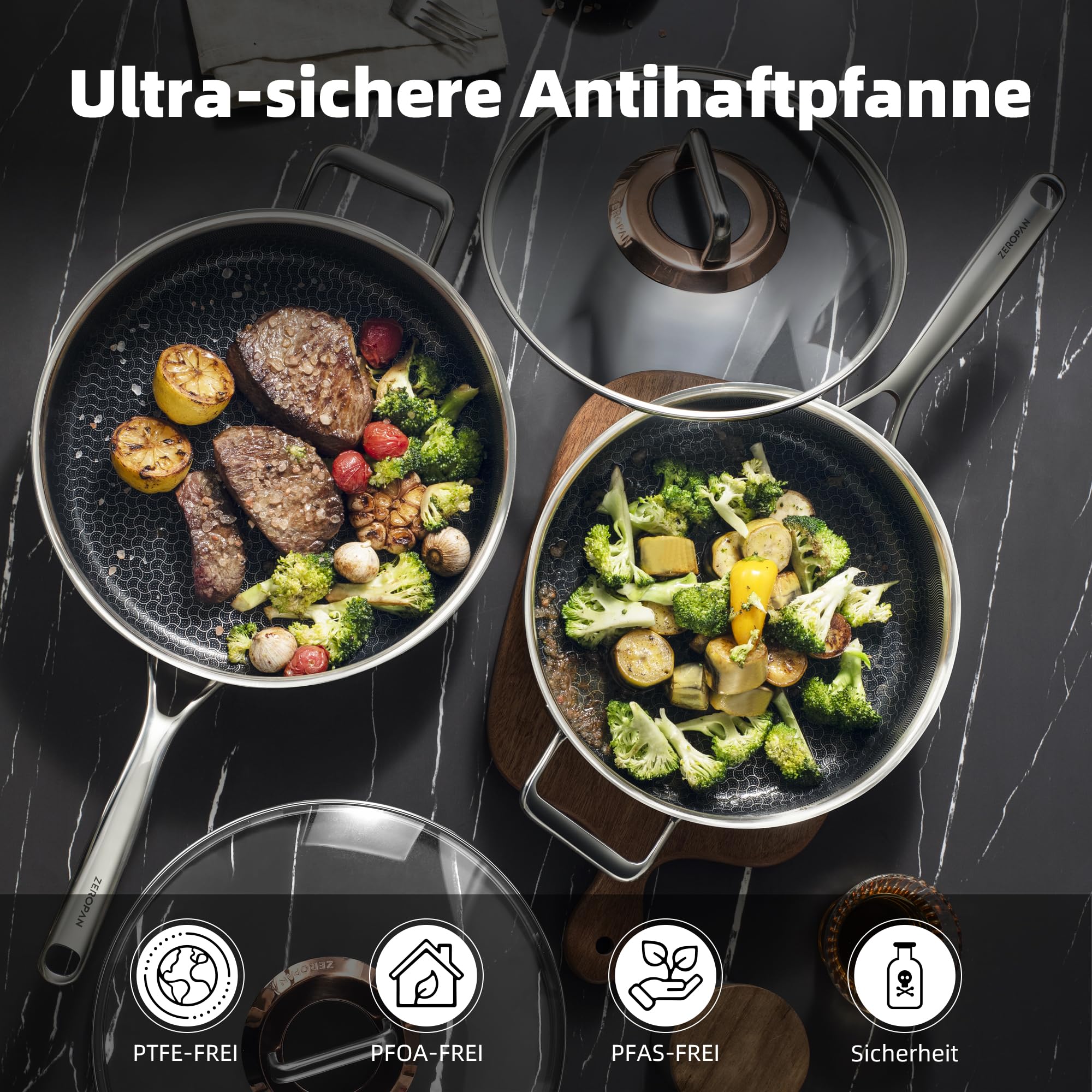 Tiefe Bratpfanne mit Deckel 28cm, Bratpfanne Antihaftbeschichtet, kühl bleibender Griff, spülmaschinenfest, frei von PFAS, PFOA und PTFE, ofenfest bis 260 °C, kompatibel mit allen Herdarten