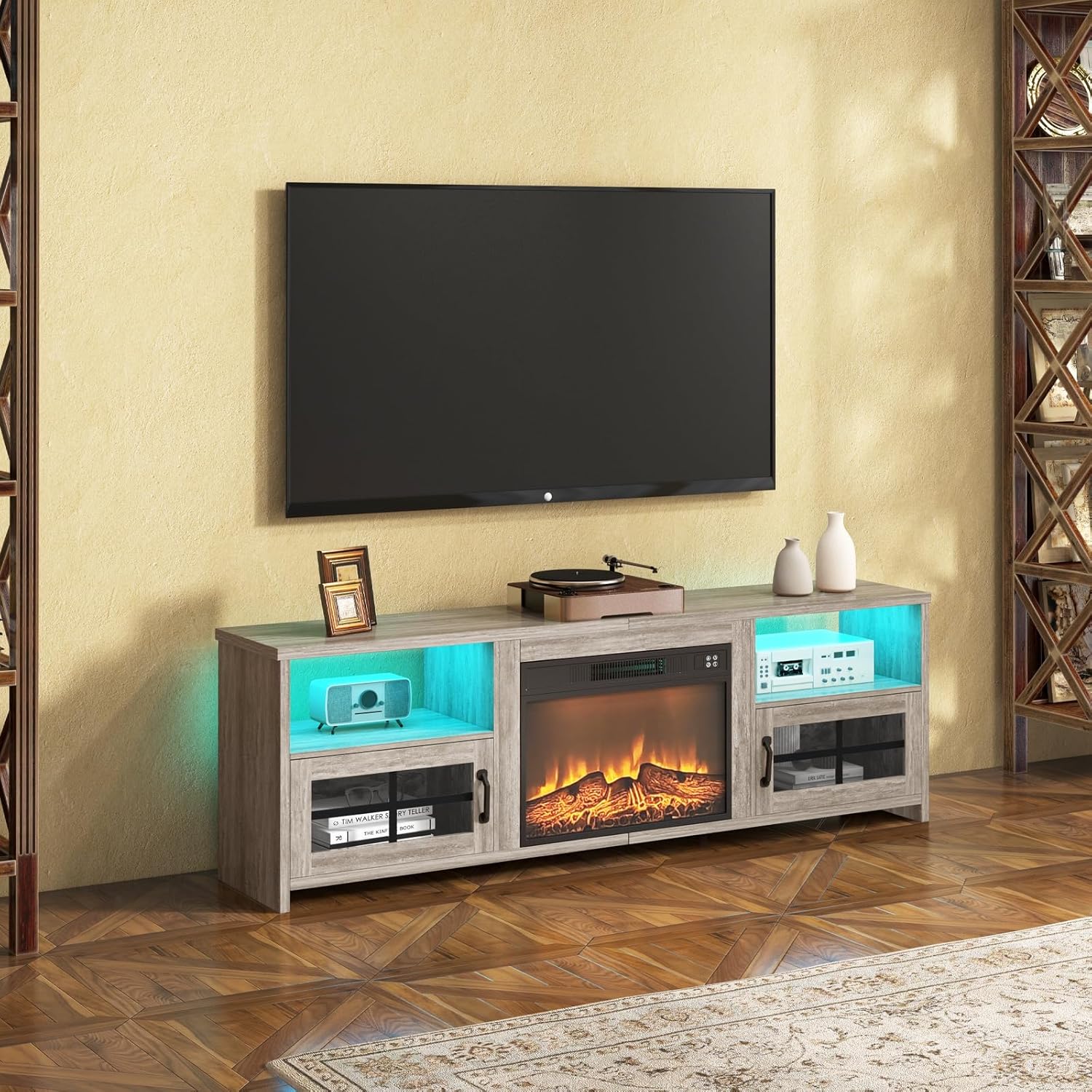 Livofloral Fireplace TV Stand for 75 Inch TV with LED Lights, Entertainment Center with 23" Electric Fireplace, Console Table with Open Storage Shelves & Cabinets for Living Room, Gray