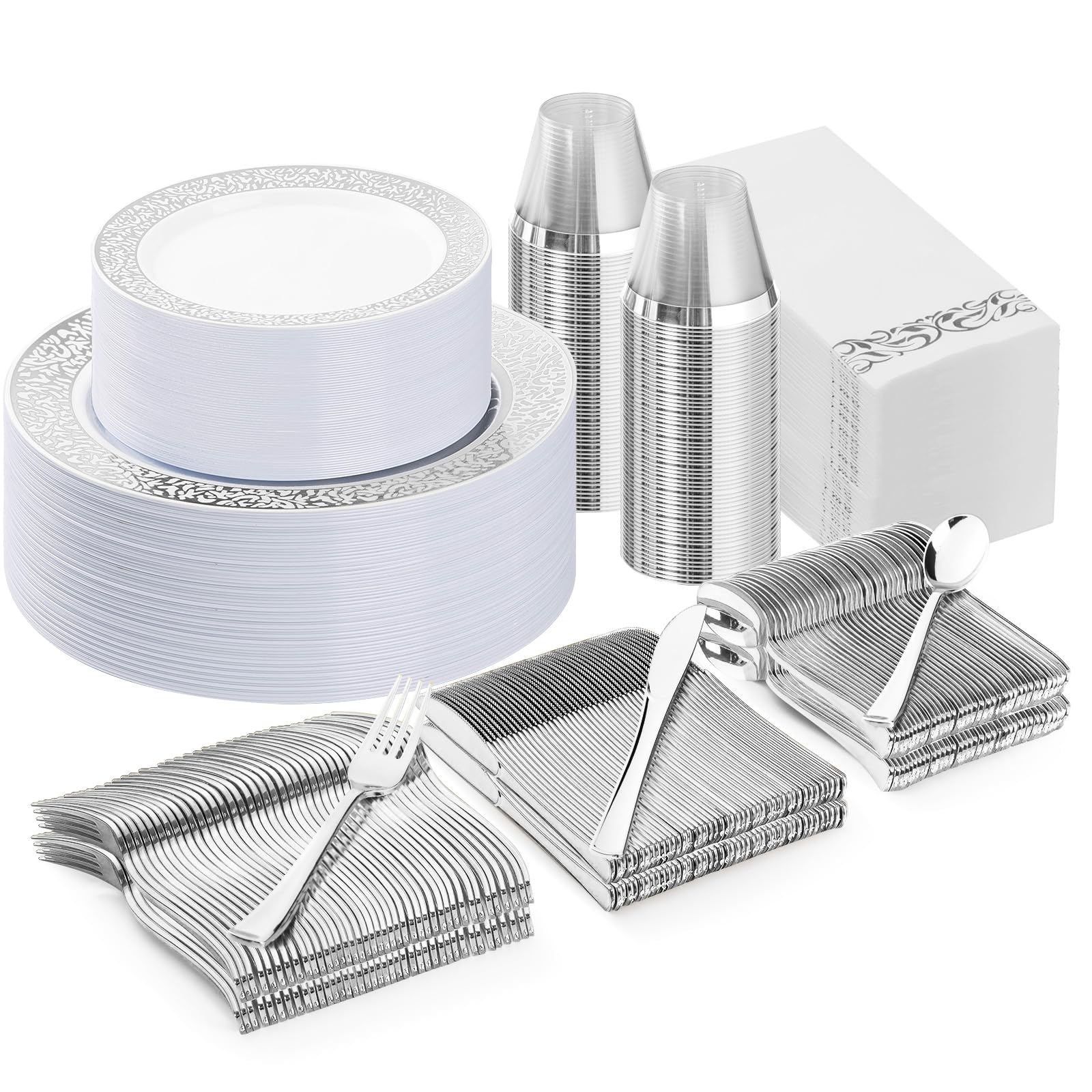 350PCS Silver Plastic Dinnerware Set for 50 Guests, Disposable Plates for Party, Wedding, Include 50 Dinner Plates, 50 Dessert Plates, 50 Set Silver Silverware, 50 Cups, 50 Napkins