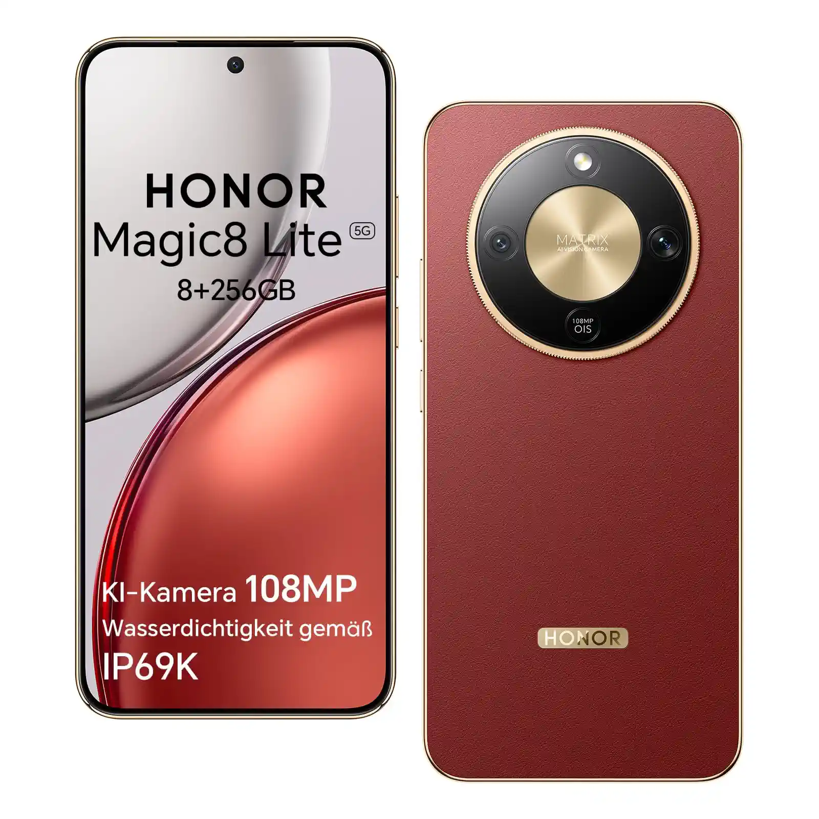 HONOR Magic8 Lite 5G Smartphone, KI-Kamera 108MP, 7330-mAh-Akku, 8GB RAM 256GB Speicher, 6,79-Zoll-Display, Snapdragon 6 Gen 4, 2,5m Fallfestigkeit, IP69K IP68, Rot