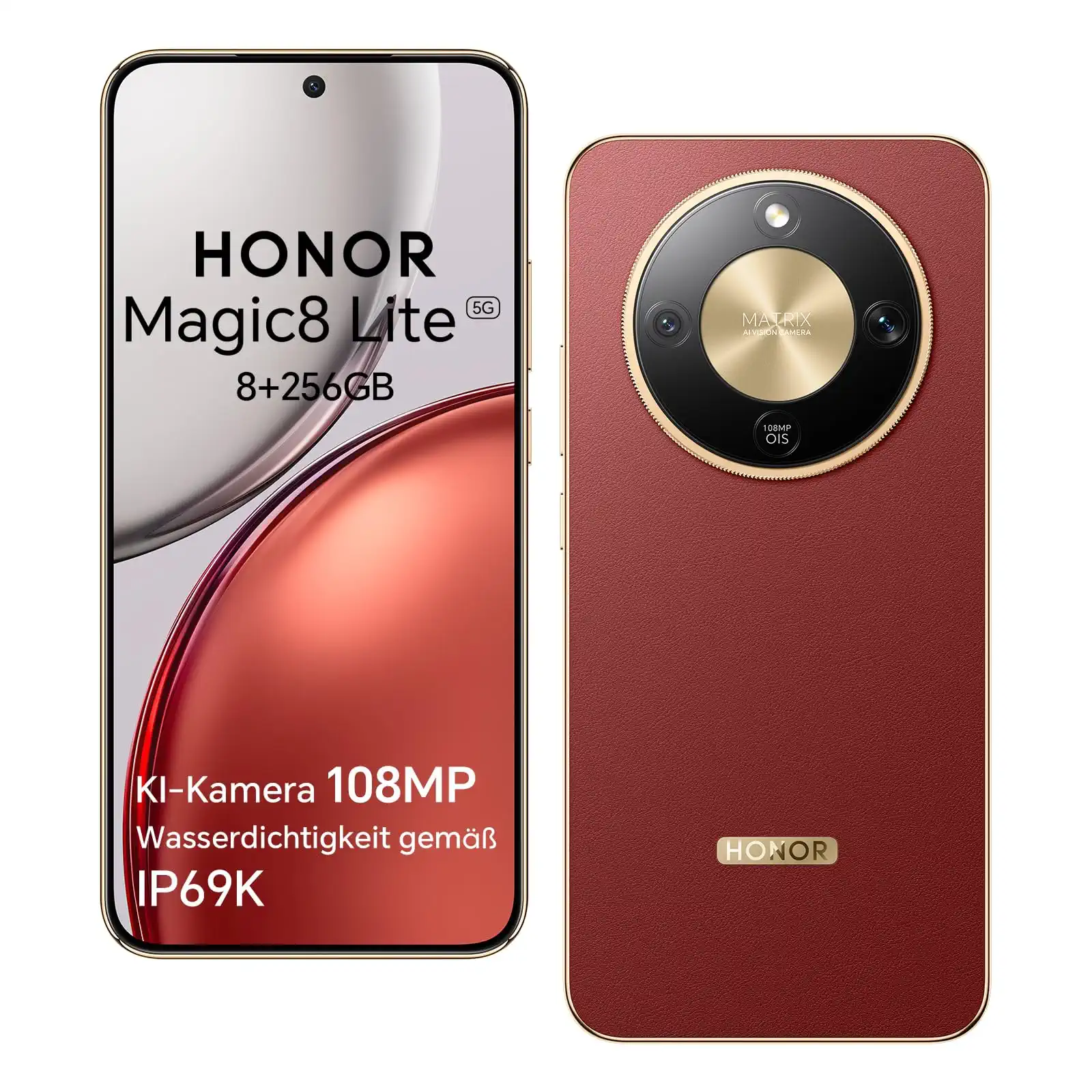 HONOR Magic8 Lite 5G Smartphone, KI-Kamera 108MP, 7330-mAh-Akku, 8GB RAM 256GB Speicher, 6,79-Zoll-Display, Snapdragon 6 Gen 4, 2,5m Fallfestigkeit, IP69K IP68, Rot