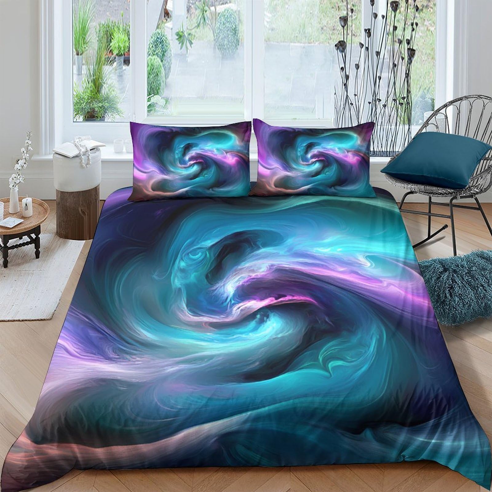 Ctjqhvkz Style-3 3D Printed Aurora Swirl Fitted Sheet Microfiber Soft Turquoise Purple Nebula Mattress Cover Bedroom Decor Single（135X200cm）