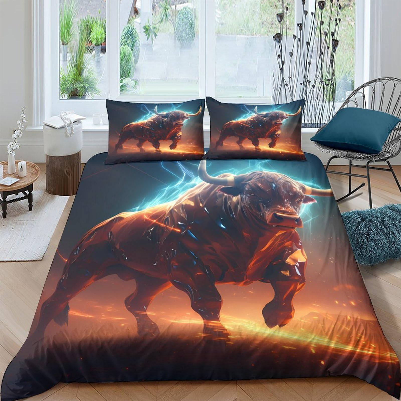 GPLZQXKJNH 3D Printed Fire Bull Duvet Cover Set Microfiber Soft Breathable Lightning Beast Bedding with 2 Pillowcases for Bedroom Home Single（135x200cm）
