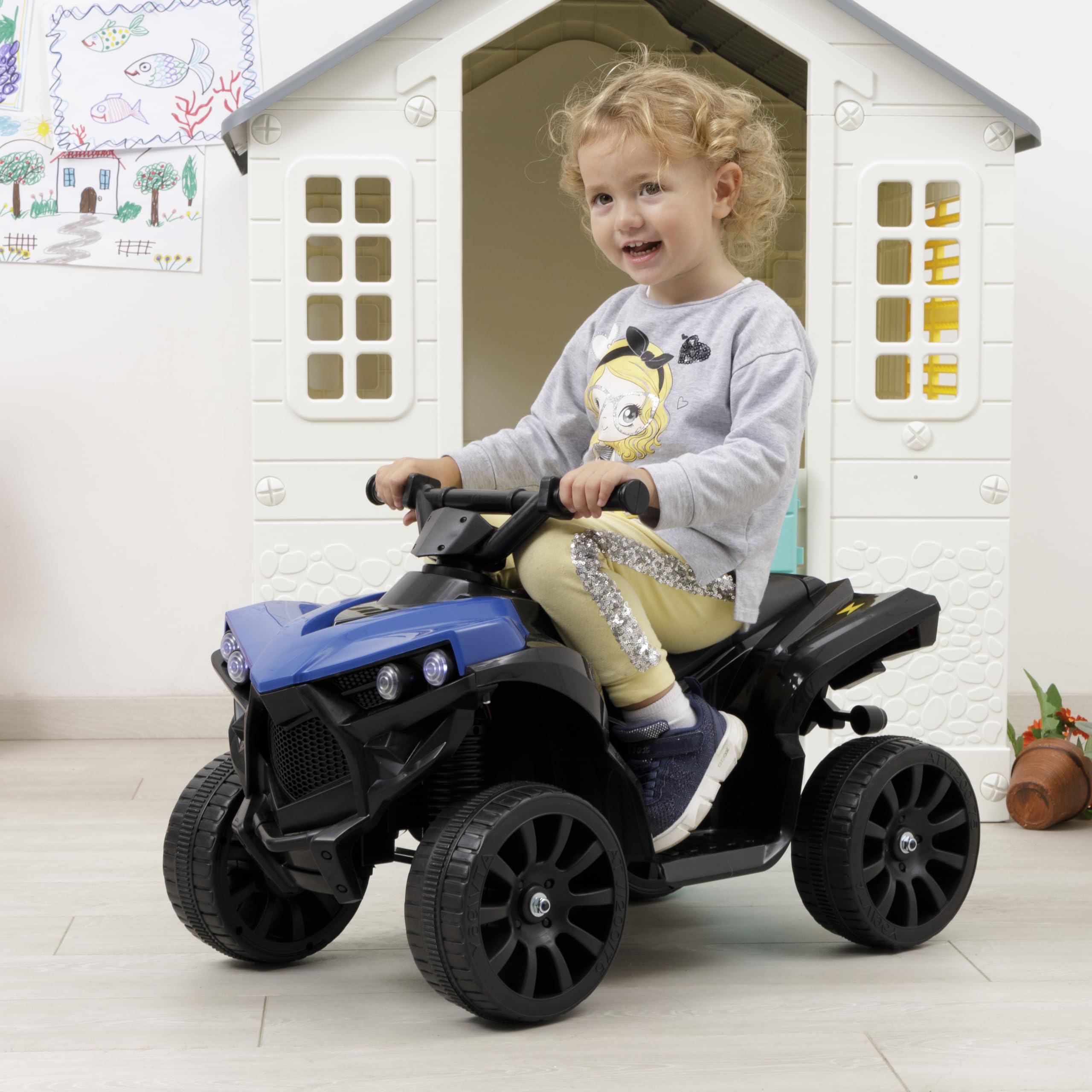 Baroni Toys Quad Elettrico per Bambini 1-4 Anni con Manubrio Sterzante, Musica e Luci Funzionanti, Quad con Modalità Avanti/Retro, Batteria 6 V Ricaricabile, Facile da Montare, 70x42x45 cm, Blu