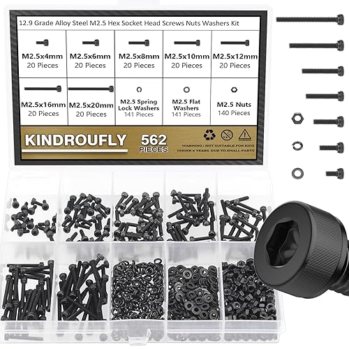 Kindroufly Juego de 562 piezas negras M2.5 x 46 81012160.787 in, tornillos de cabeza hexagonal, tuercas y arandelas surtidas, acero de aleación de