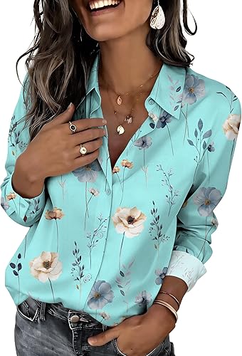 Miniatura 14 de Zeagoo Camisas con botones para mujer elegantes con estampado floral de manga larga blusa casual de negocios tops de trabajo