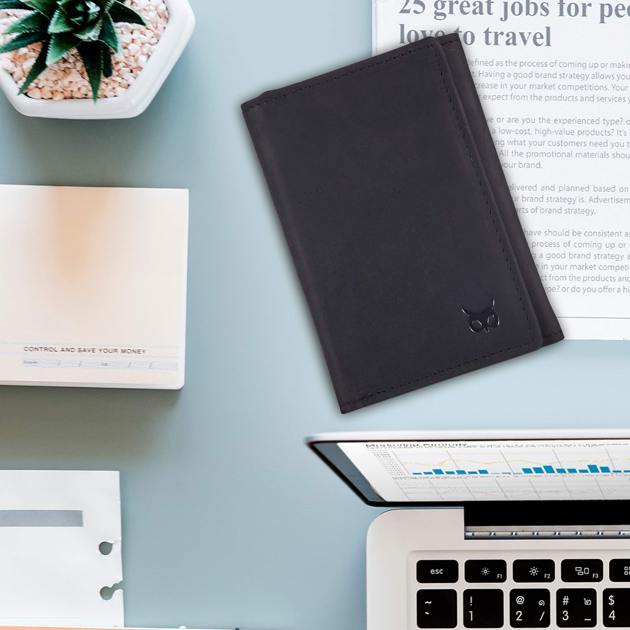 Trifold Wallets for Men Real Leather Slim Front Pocket RFID Blocking Travel Credit Card Case with ID Window in Gift Box (Black Crazy Horse)