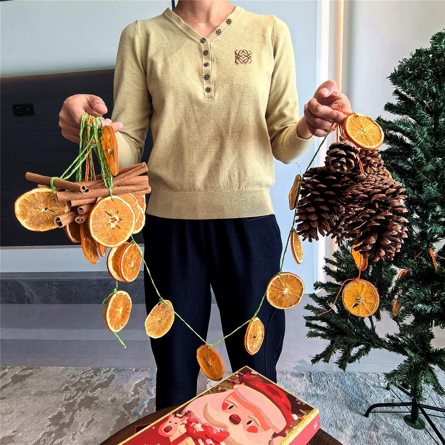 Kit de décoration de Noël naturel avec tranches d'orange séchées, bâtons de cannelle, pommes de pin, coffret cadeau, décorations de vacances à faire soi-même pour couronnes de Noël, décorations