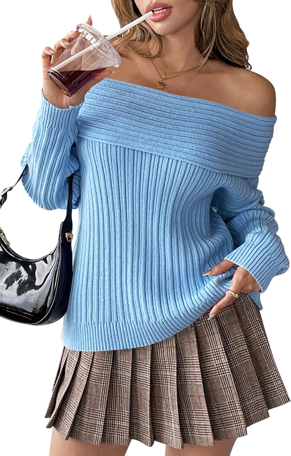 Cakulo Womens Off The Shoulder Sweater Ribbed Oversized Long Sleeve Tops 2026 Casual Knit Pullover Sweaters