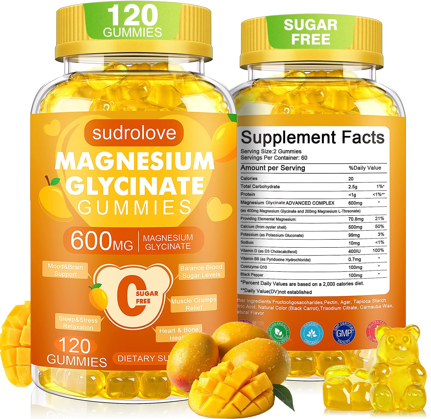 Magnesium Glycinate Gummies 600mg per Serving, 120 Count 1 Pack (Mango )