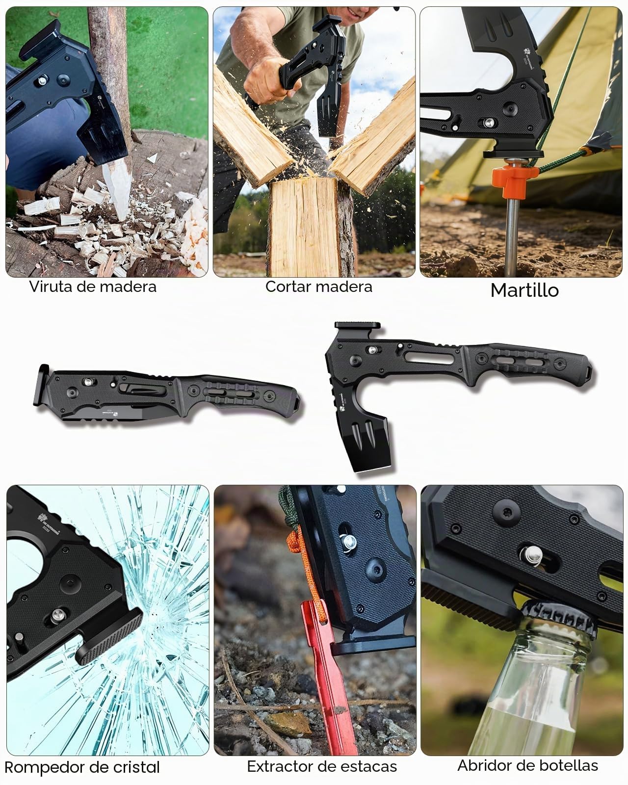 HX OUTDOORS Hacha Táctica Plegable Multiherramienta de Supervivencia, Hoja de Acero DC53 con Titanio Negro, Hacha de Camping con Martillo y Abrebotellas, Hacha Plegable con Mango G10