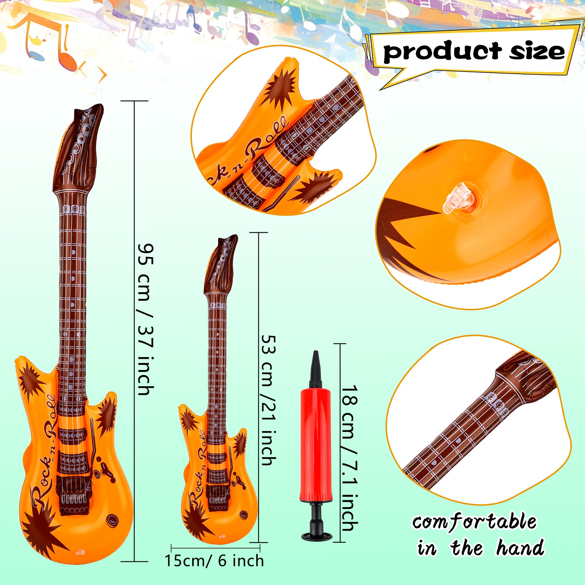 42 guitarras inflables incluyen 18 guitarras inflables de estrella de rock de 21.7 pulgadas y 24 guitarras inflables de 37.4 pulgadas con 2 bombas de aire rojas para fiestas de los años 80 y