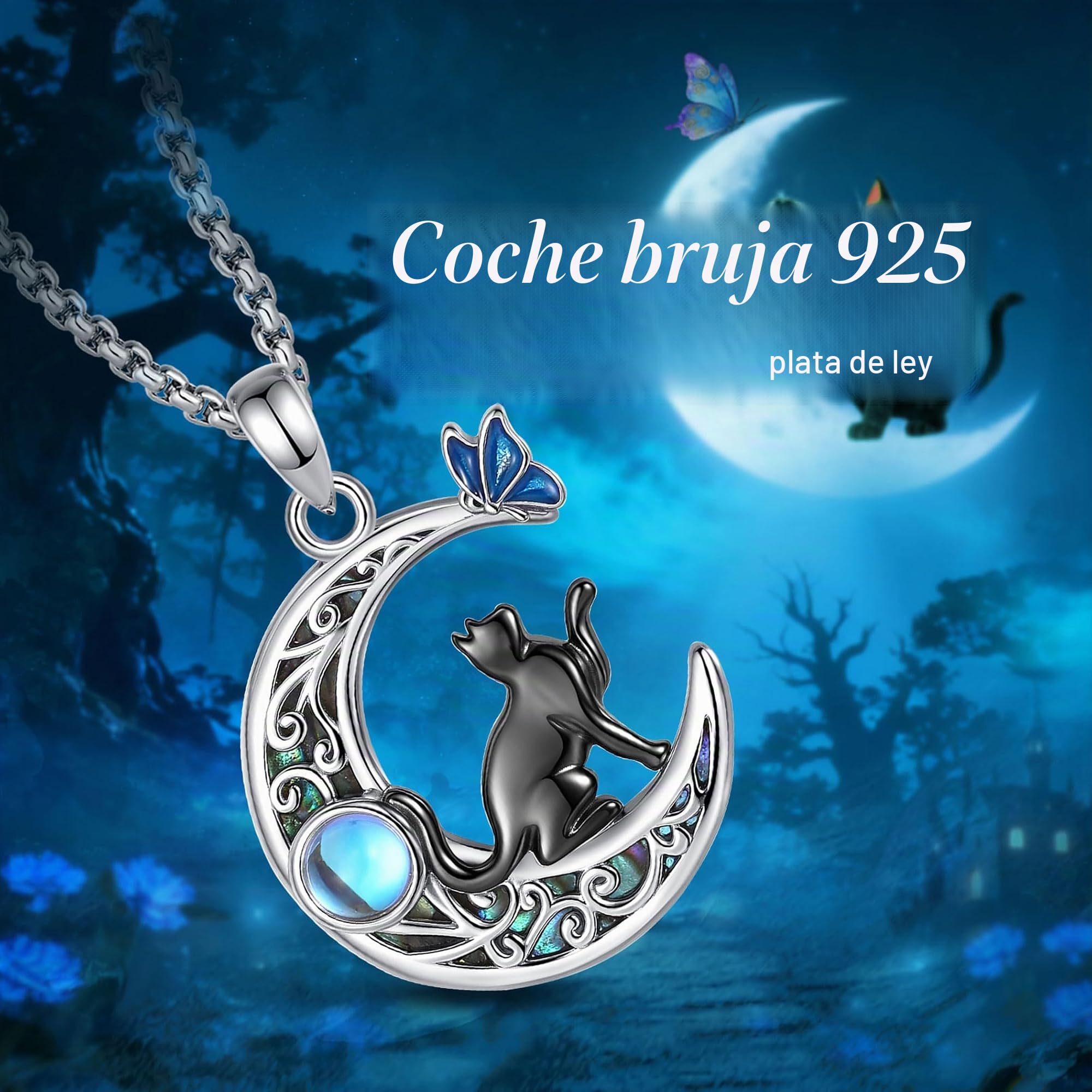 AEONSLOVE Collar Gato y Luna para Mujer Niña Colgante Piedra de Luna Plata de Ley 925, Collares Sol y Luna Joyas de Gato Negro Bruja Regalo para los Amantes de los Gatos