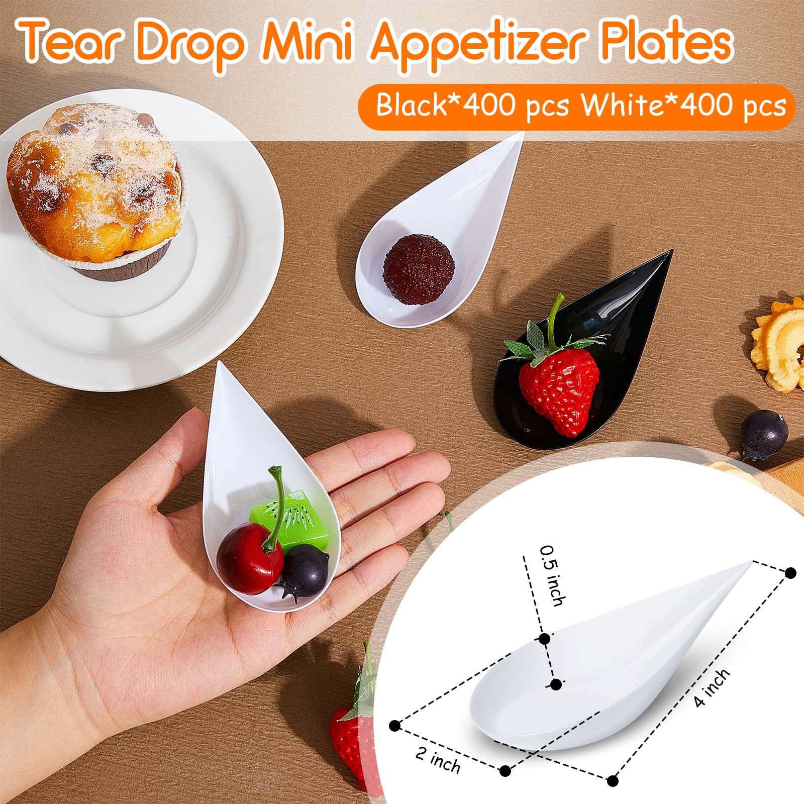 Tessco 800 Pcs 4'' Tear Drop Mini Appetizer Spoons Appetizer Plates Disposable Plastic Tasting Spoons for Serving(White, Black)