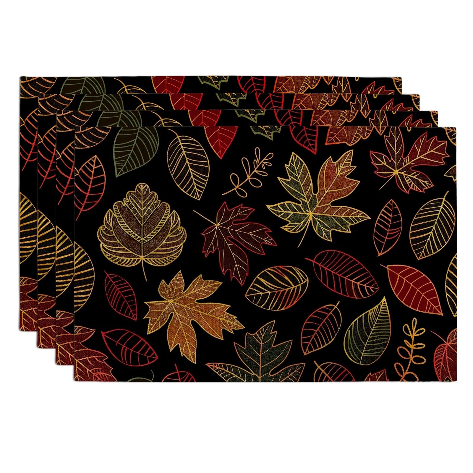 Autumn Leaves Placemats, Black Botanical Place mats for Dining Table, Non-Slip Washable Indoor Outdoor Party Decorative Placemat Set of 4