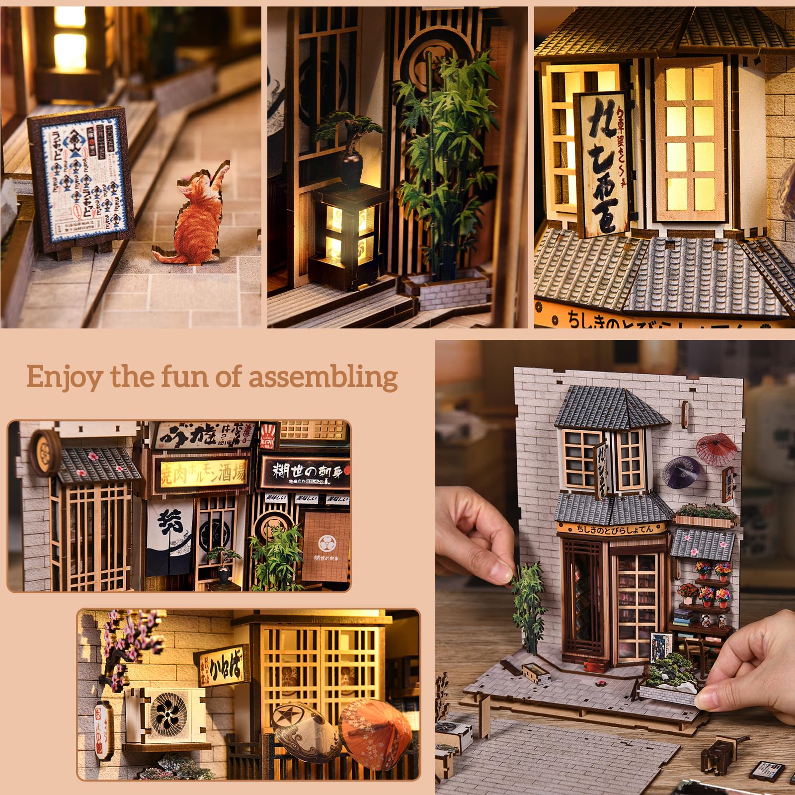 Book Nook Japan, DlY miniaturowy zestaw do budowania domku dla lalek, drewniane puzzle 3D ze światłem LED, japońska dekoracja, prezent dla rodziny i przyjaciół - The Alley Waiting for the