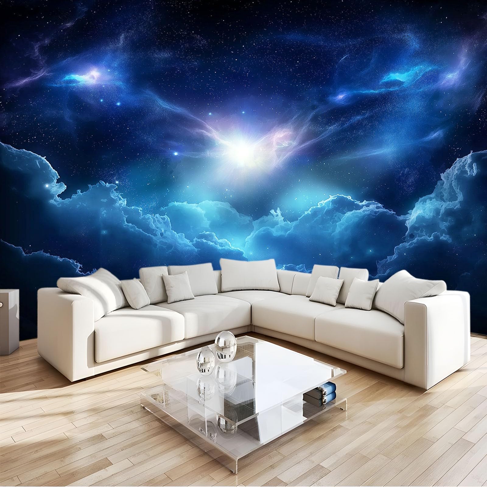 Papier peint panoramique nébuleuse bleu pour chambre d'enfants et décor de salon