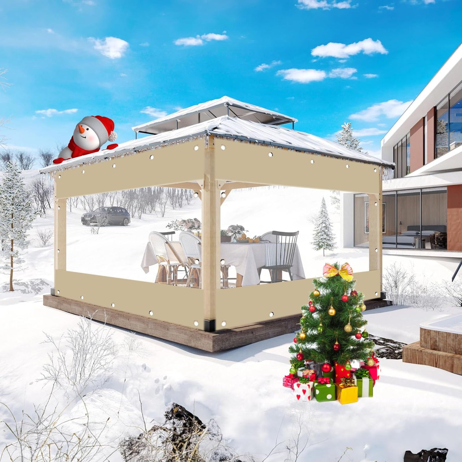 Transparente Outdoor-Plane, Überdachung, wetterbeständig, PVC-Vorhang für Terrasse, Pavillon, Seitenteile, beige, wasserdichte Abdeckung, einfache Installation, Größe