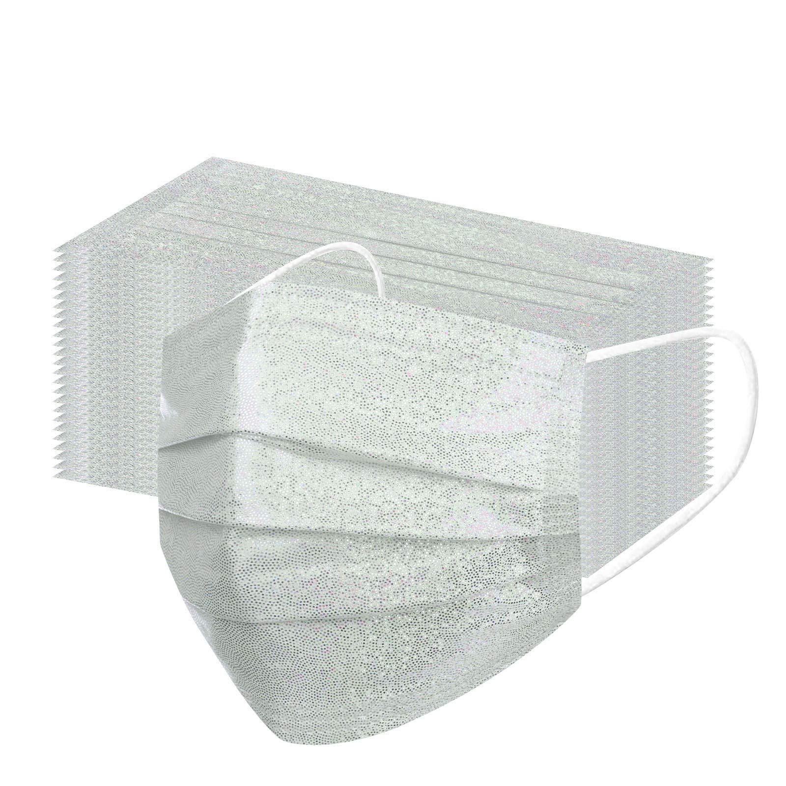Sparkly Disposable Face_Masks Glitter Print Design,3 Ply Face Protective Shield With Nose Wire for Adult Women Party Wedding (50pc-White)