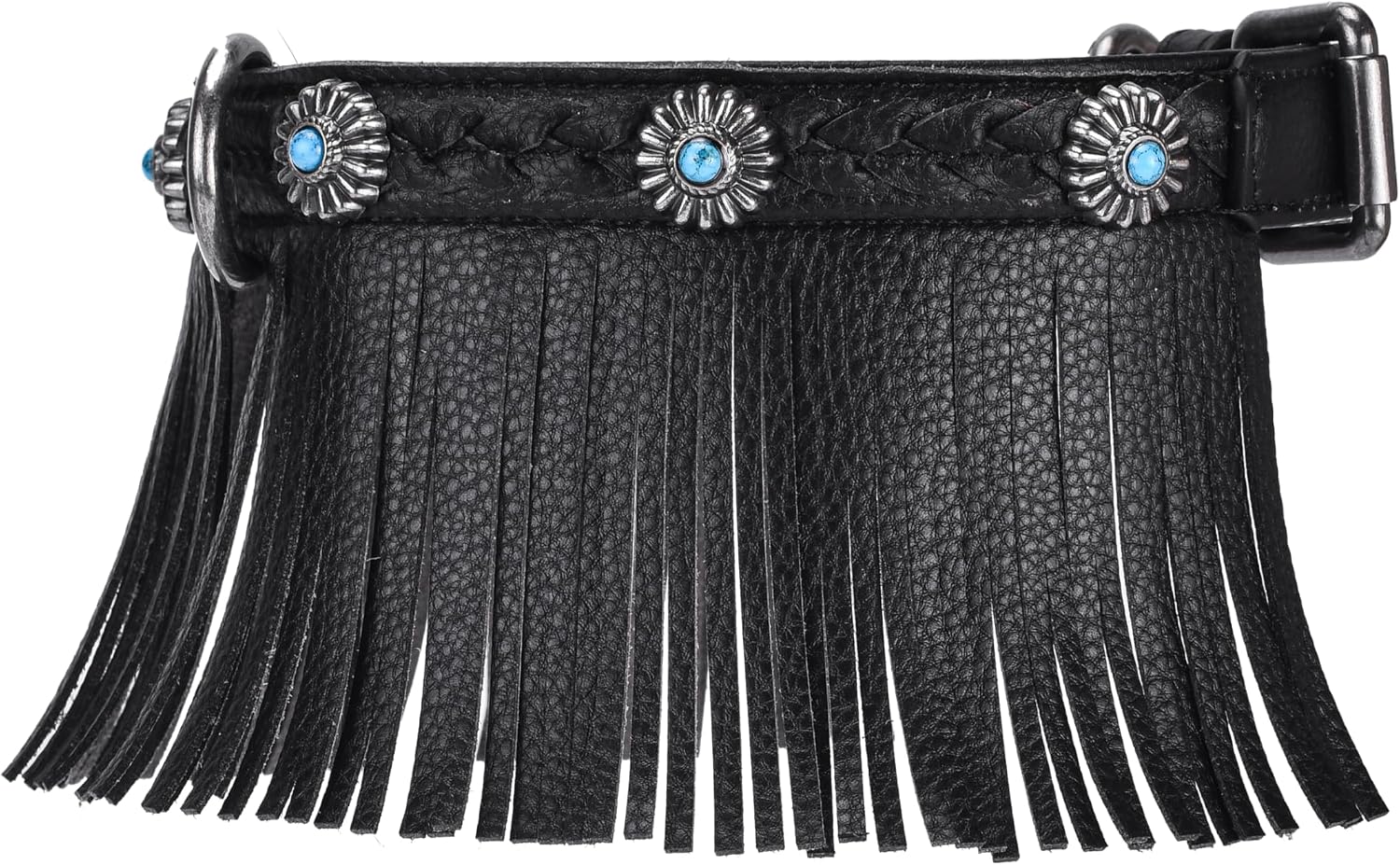 Blueberry Pet Western Fringe Black Microfiber Textured Leather Collar with Turquoise Conchos